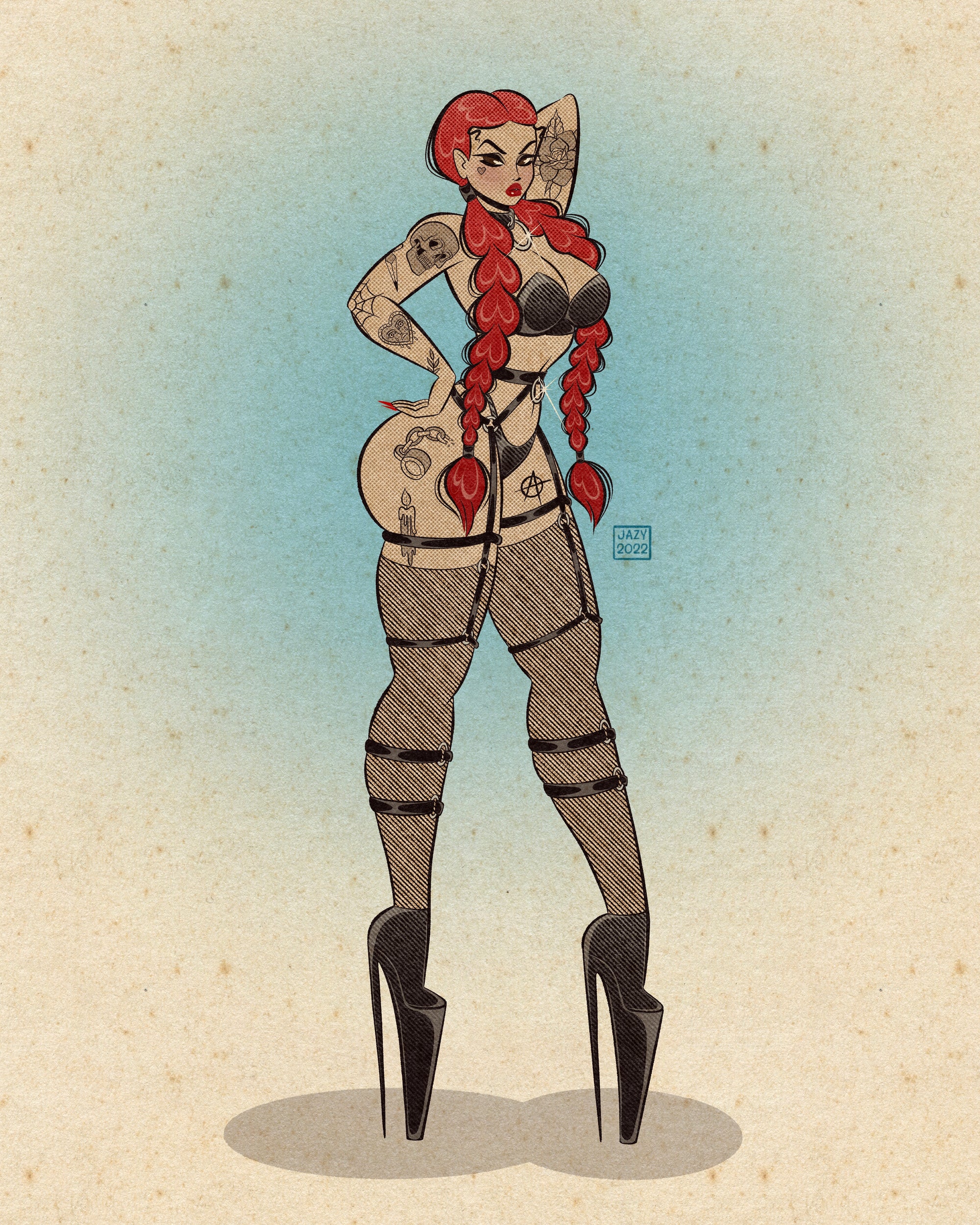 Goth babe print of woman with tattoos and red hair.