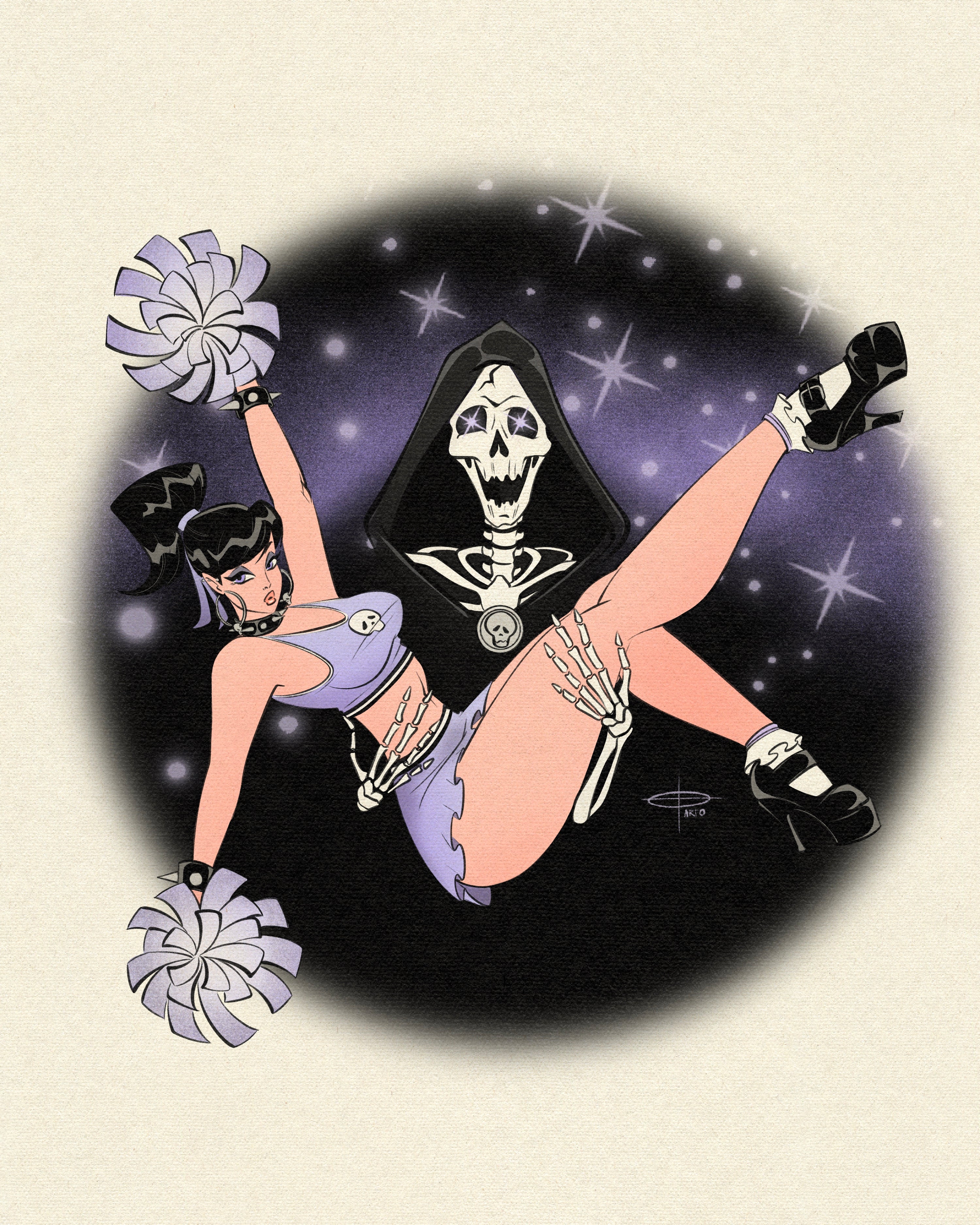 gothic cheerleader with skeleton print by bloodknotcollective