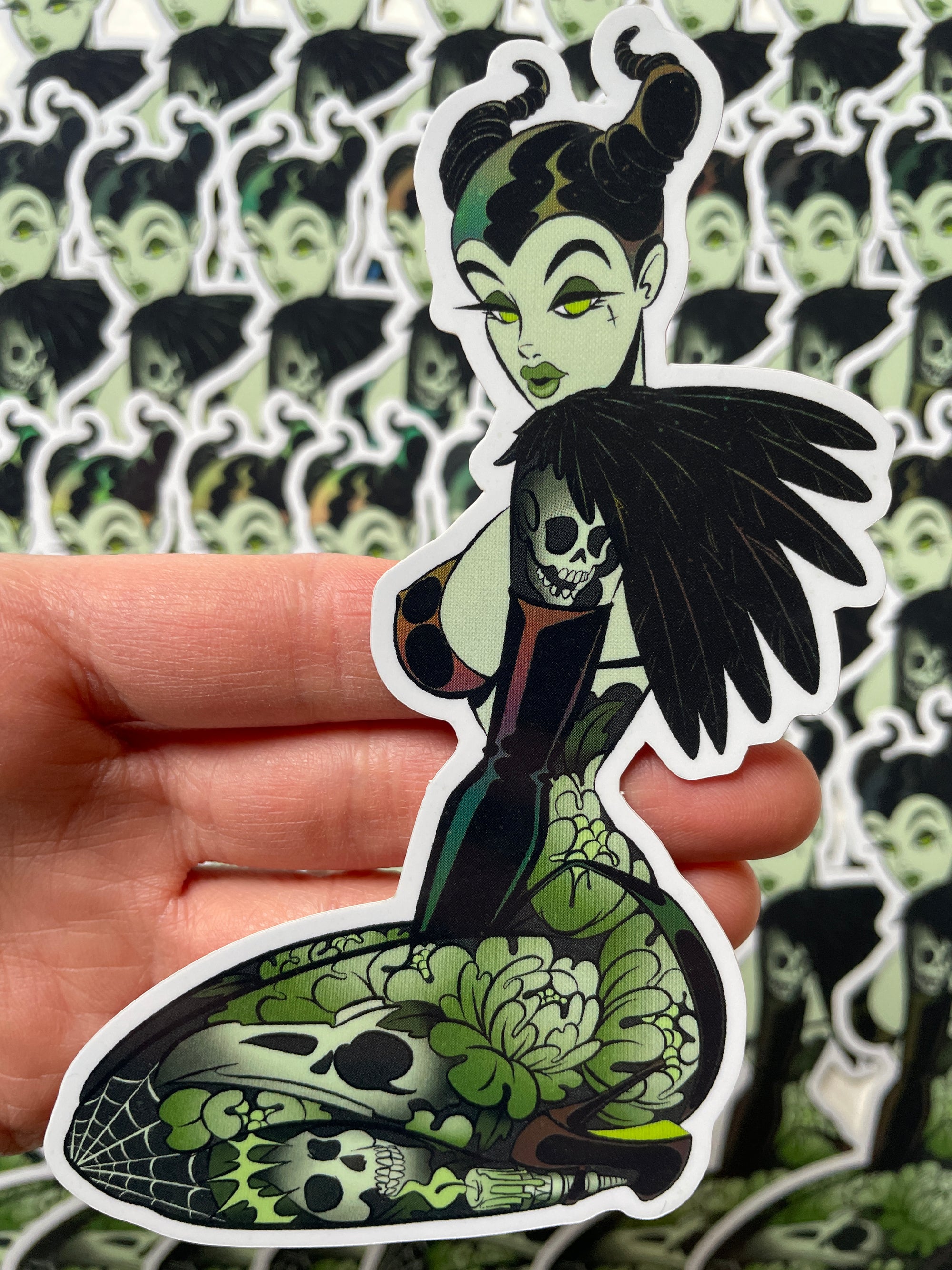 tattooed goth devil holographic sticker by bloodknotcollective