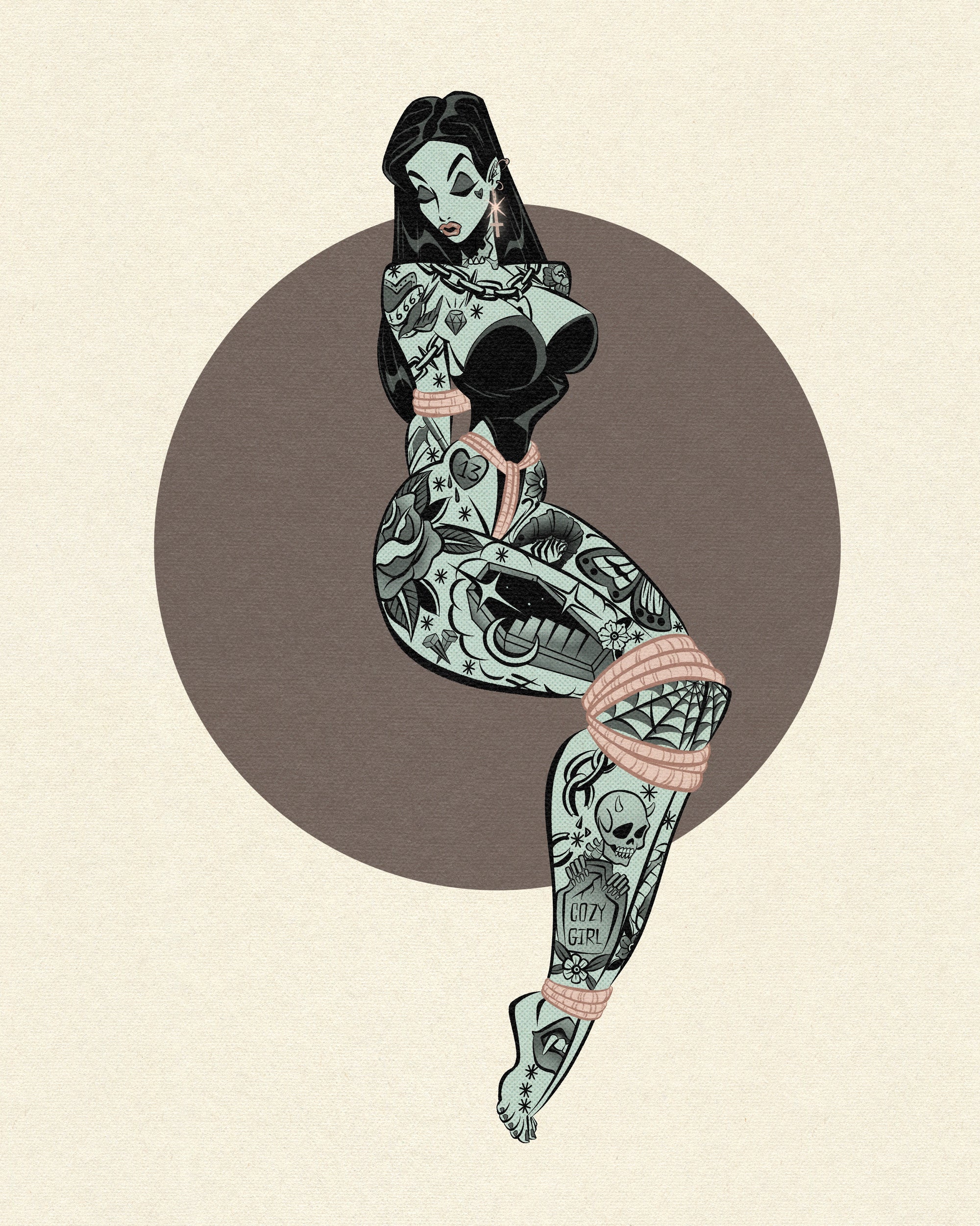 Goth ghoul print of woman in shibari with tattoos by bloodknotcollective.