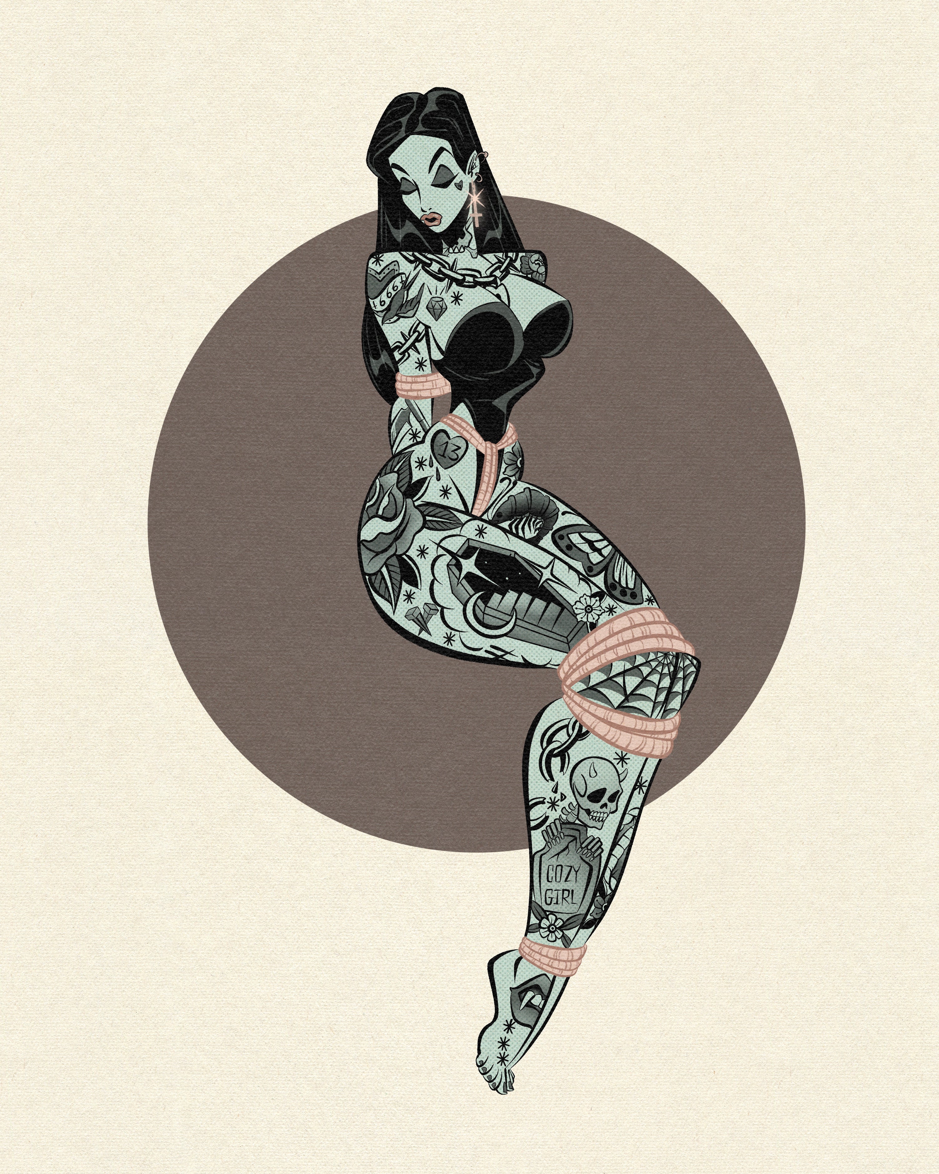 Goth ghoul print of woman in shibari with tattoos by bloodknotcollective.
