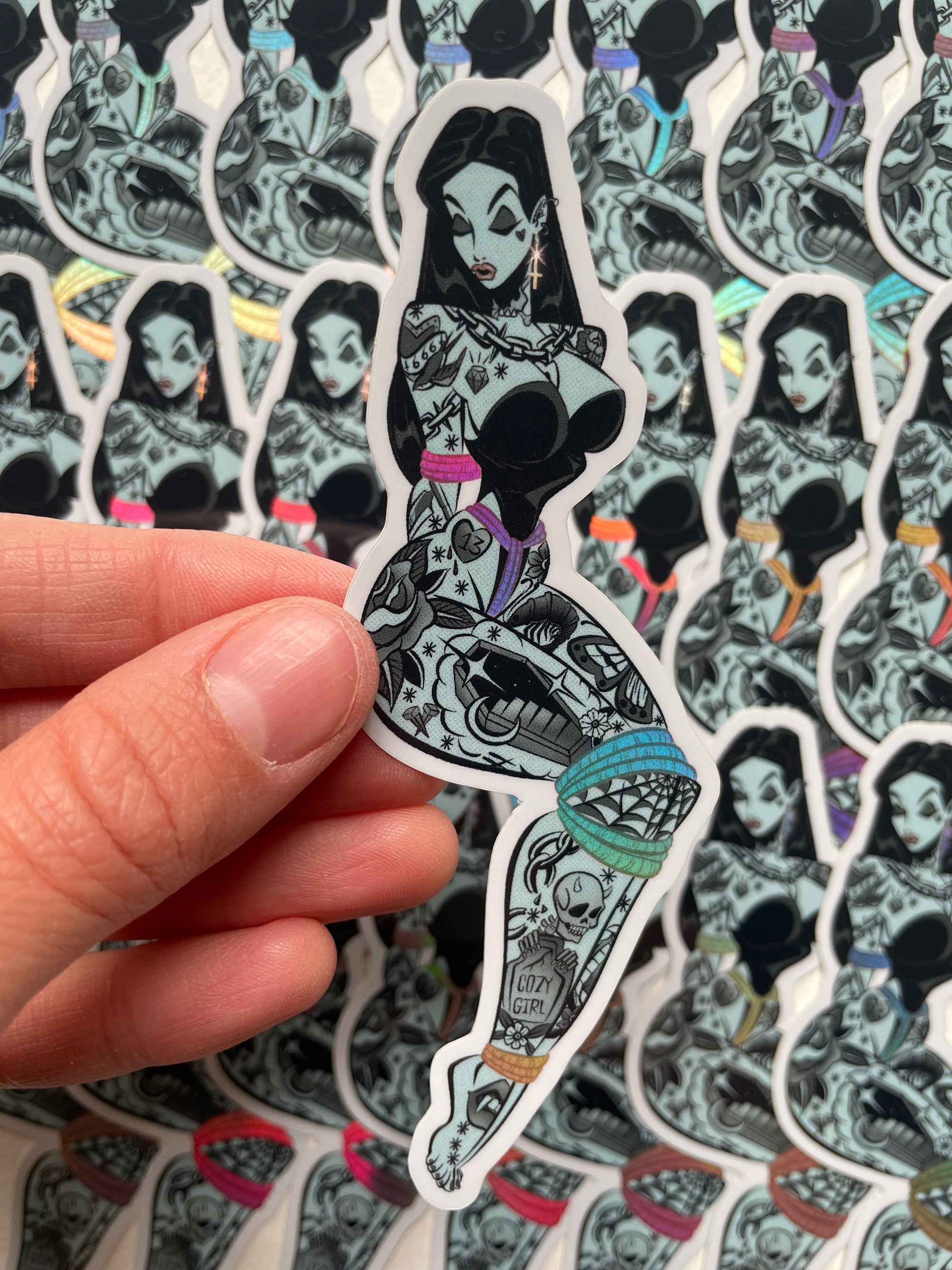 gothic tattooed ghoul tied in shibari holographic sticker by bloodknotcollective