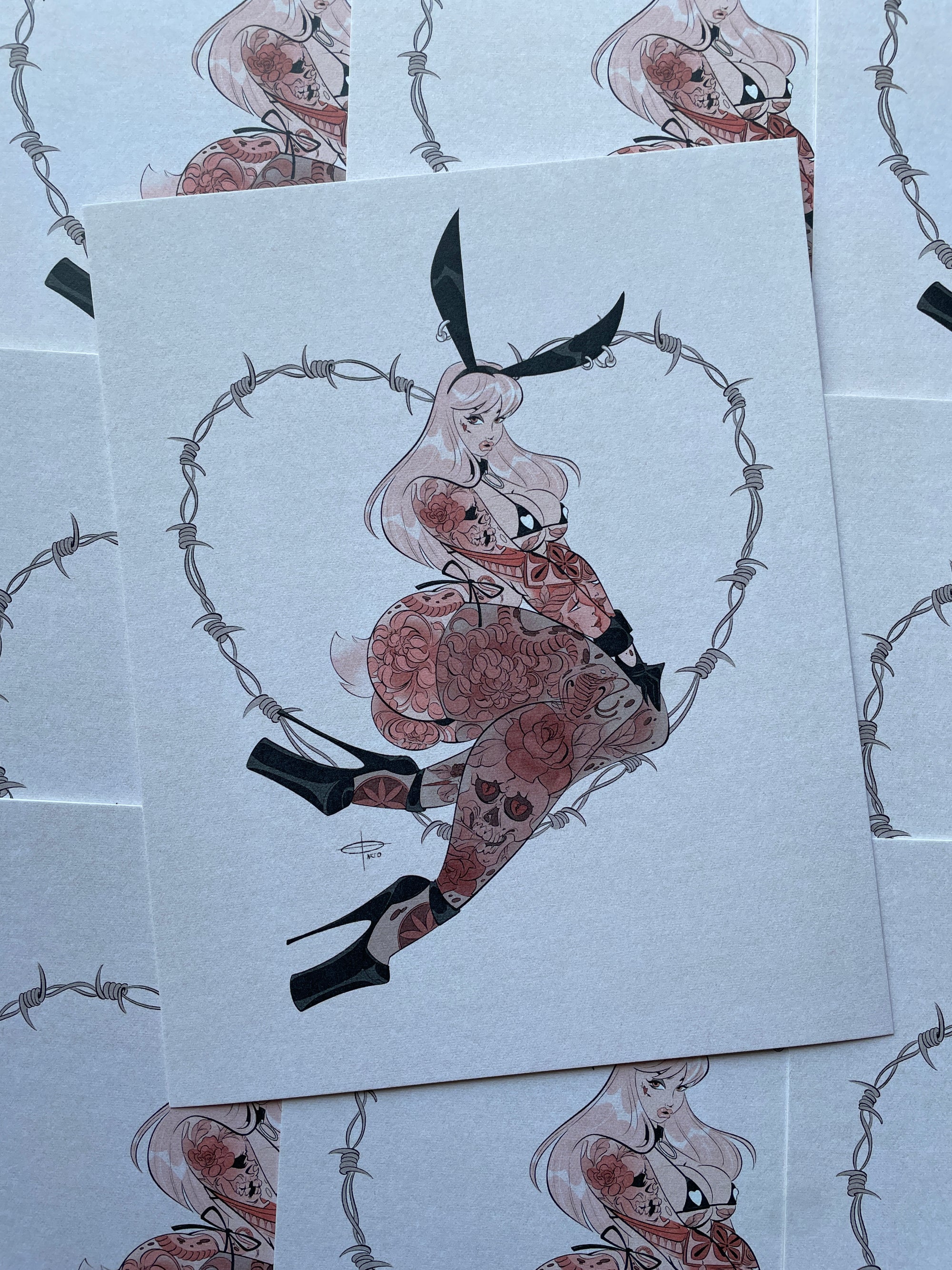 tattooed gothic bunny in bikini and barbwire heart cotton print by bloodknotcollective