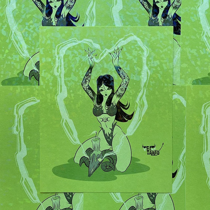 green witch with magic and skull holographic print by bloodknotcollective