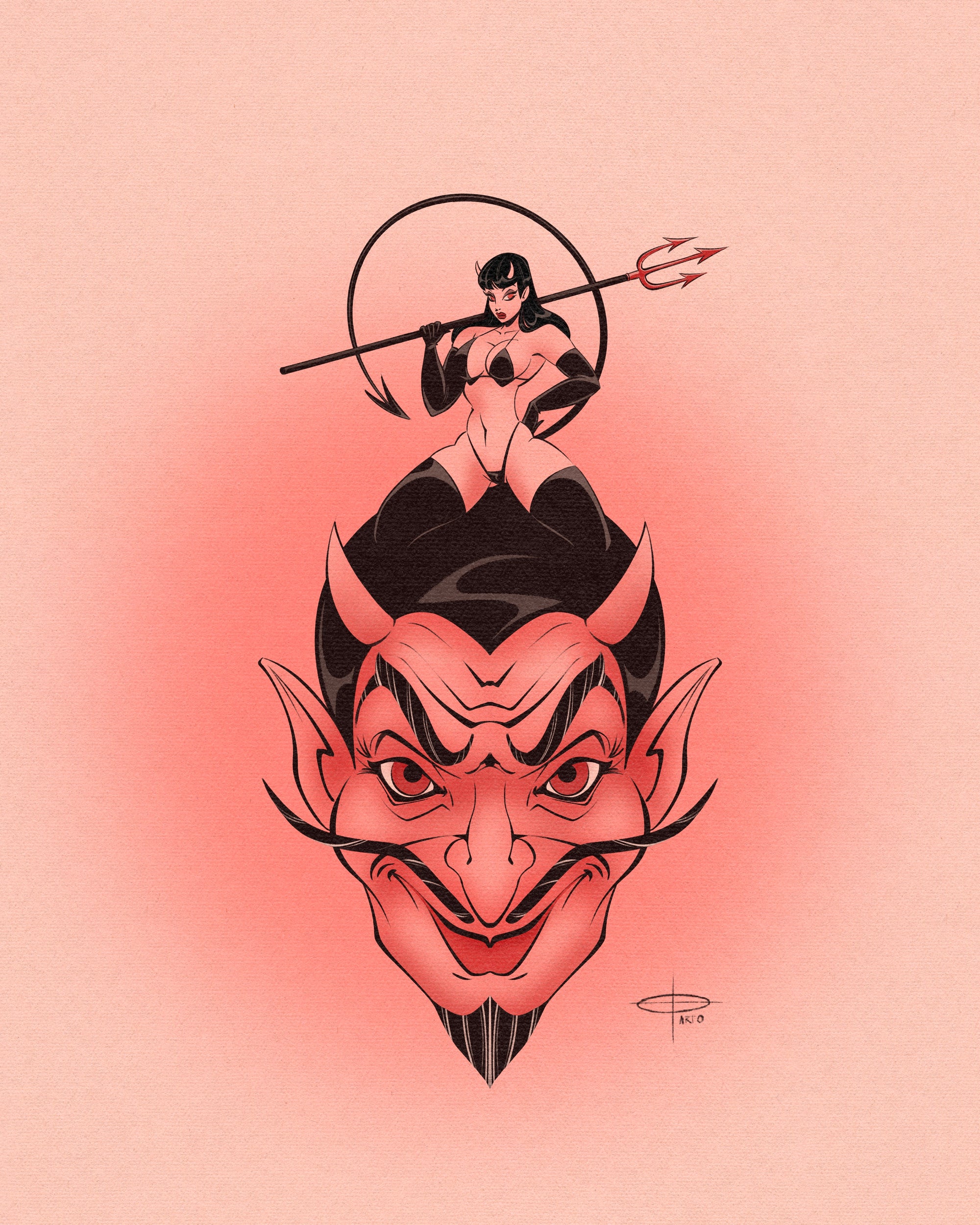 Grinning and sinning print of female devil sitting on satan by Bloodknotcollective