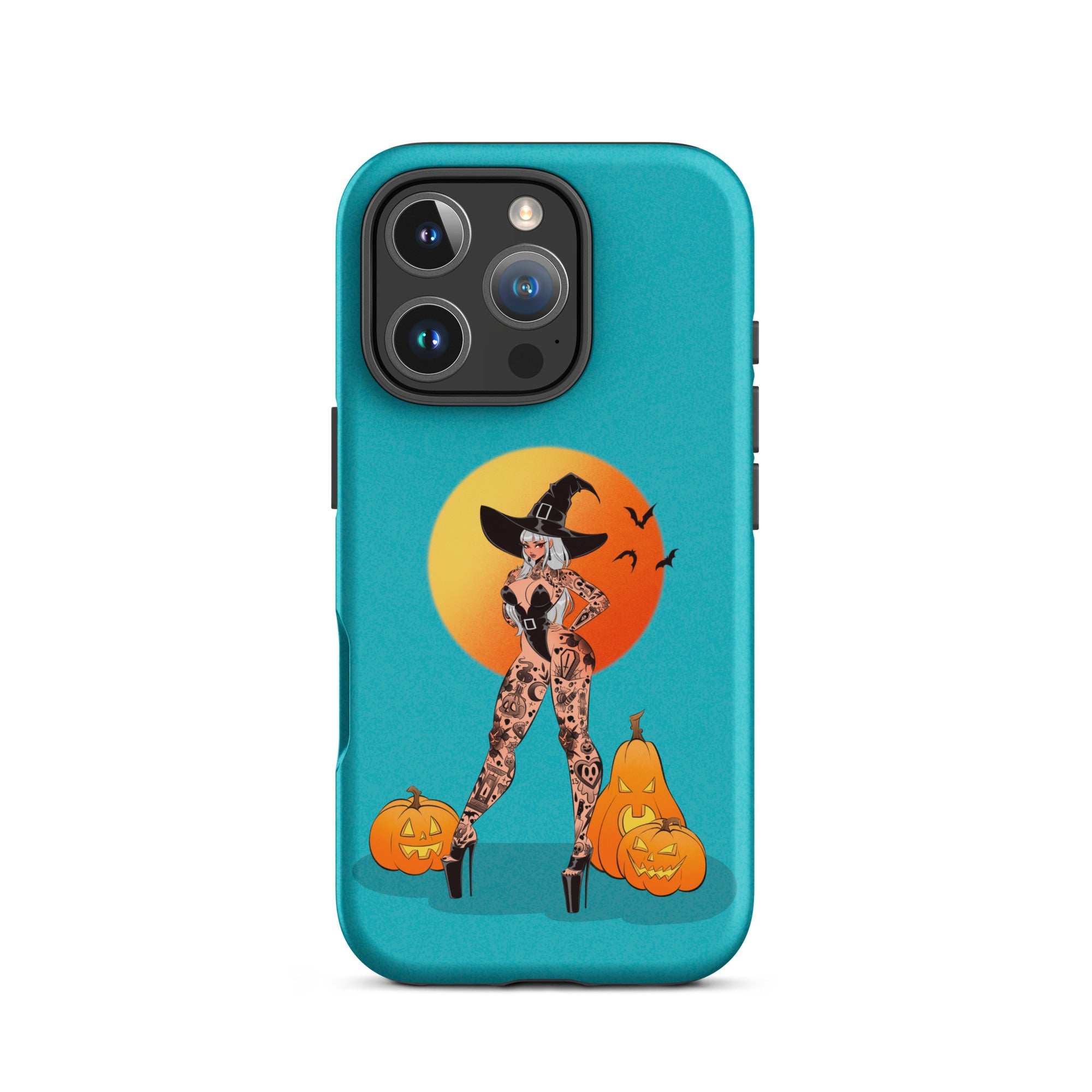 halloween witch tough iphone case of tattooed witch with pumpkins and moon by bloodknotcollective