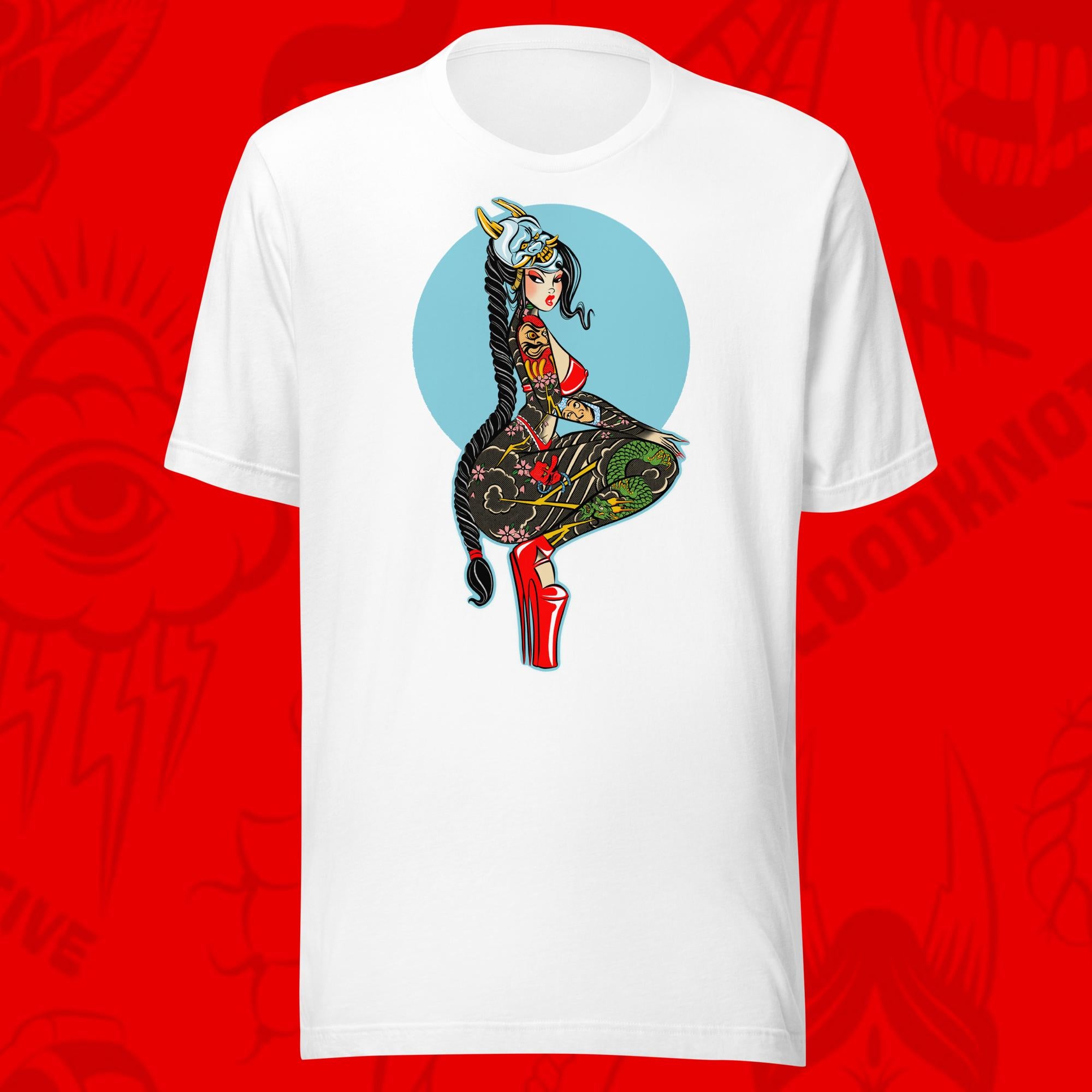 hannya tee of tattooed asian woman with hannya mask on white tee by bloodknotcollective