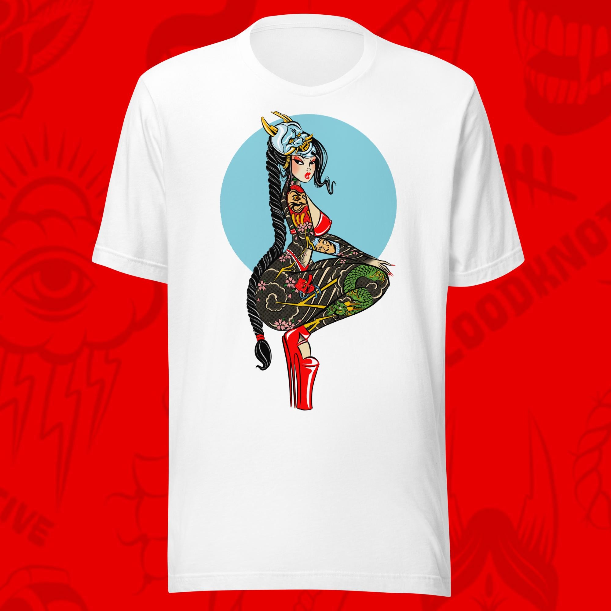 white t shirt of tattooed asian woman in heels by bloodknotcollective