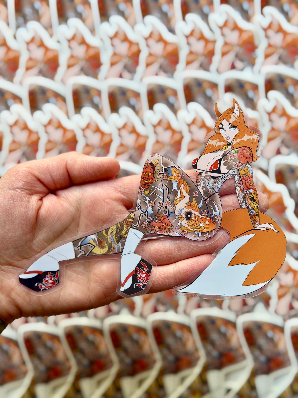 fox pinup girl with japanese tattoos clear vinyl jumbo sticker