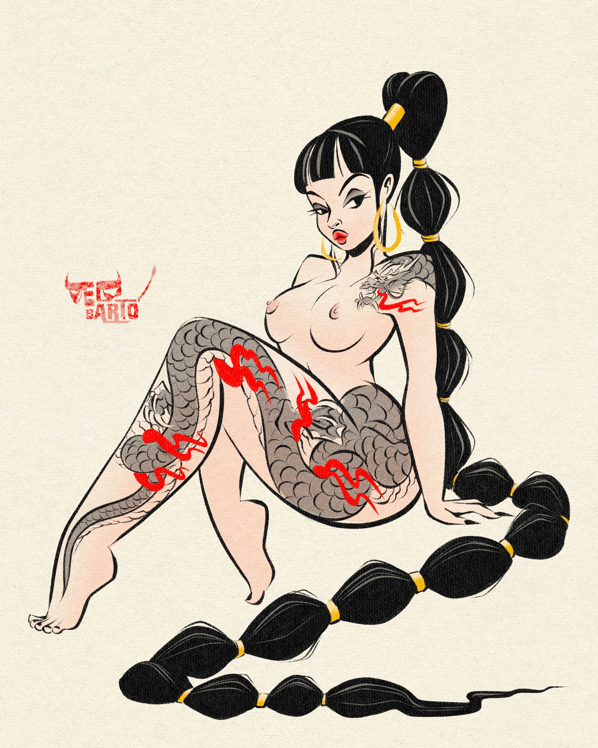 irezumi tatsu nude print of nude asian woman with dragon tattoo by bloodknotcollective