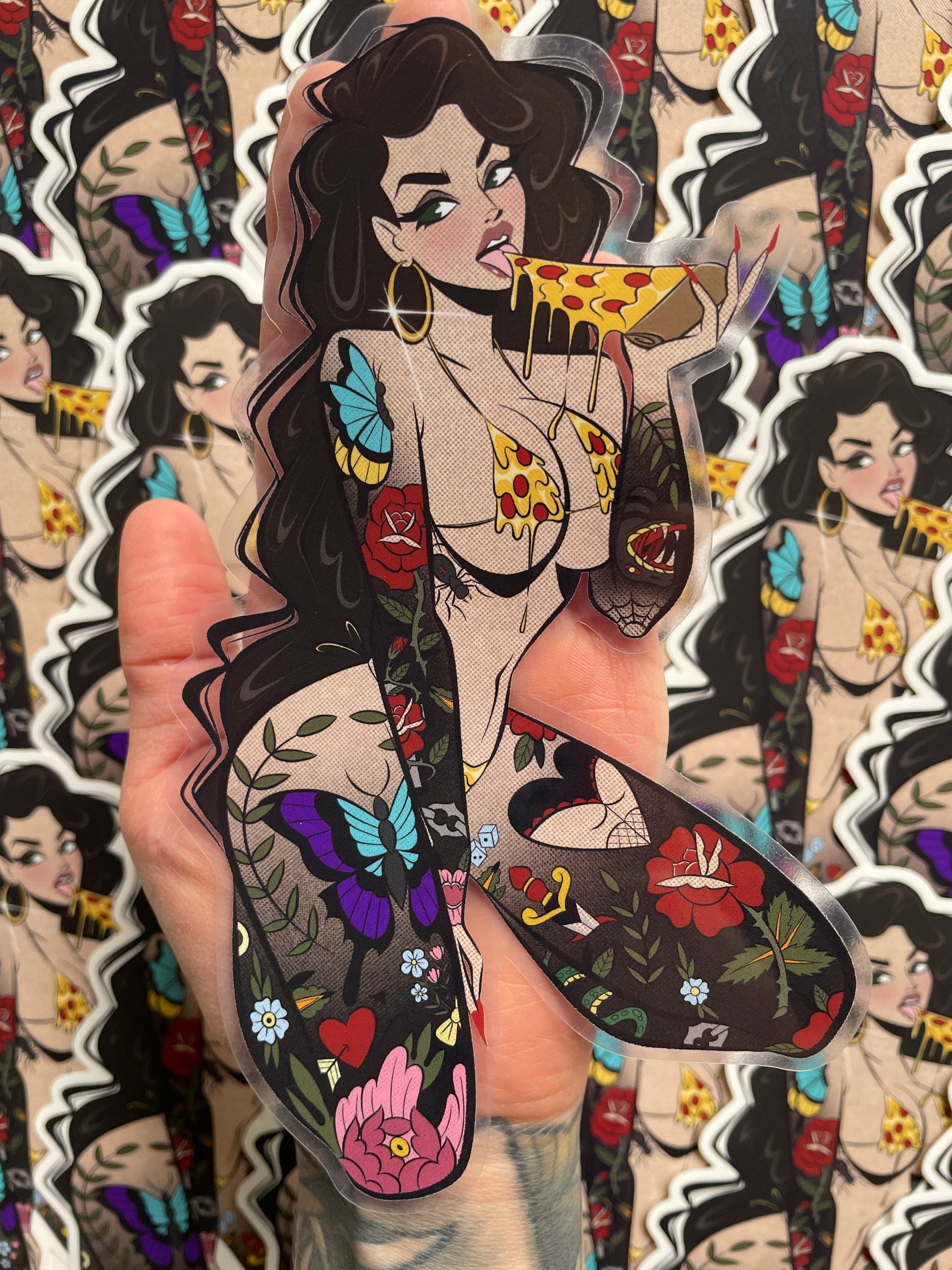 tattooed girl with pizza bikini eating pizza clear vinyl sticker by bloodknotcollective
