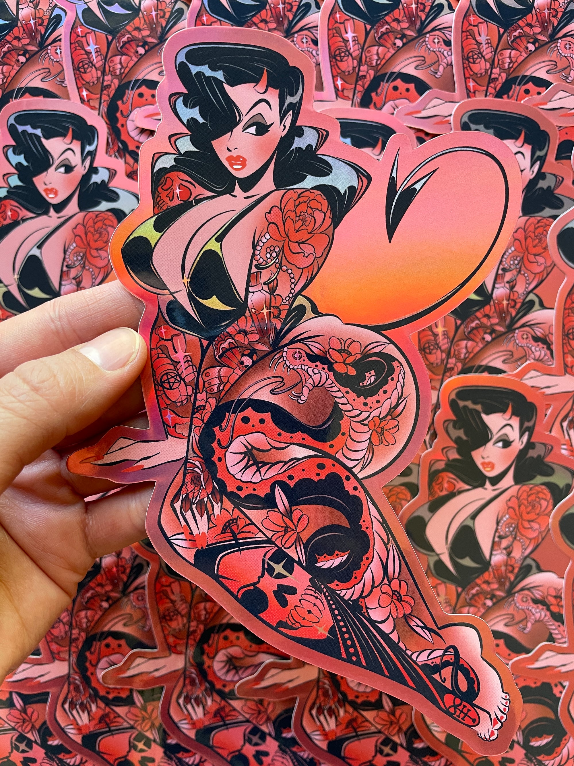 red devil with neotraditional tattoos jumbo holographic vinyl sticker by bloodknotcollective