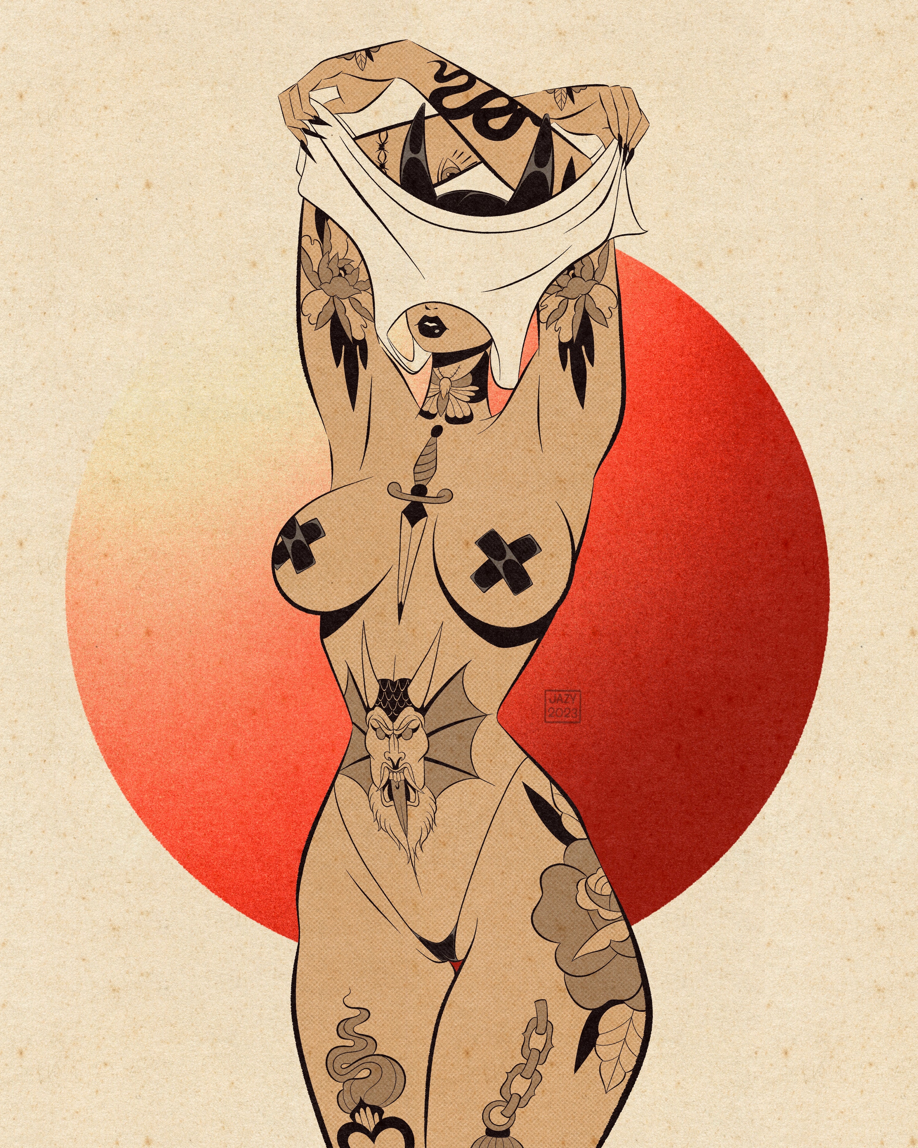 Kinky devil print of woman with tattoos lifting up shirt by Bloodknotcollective