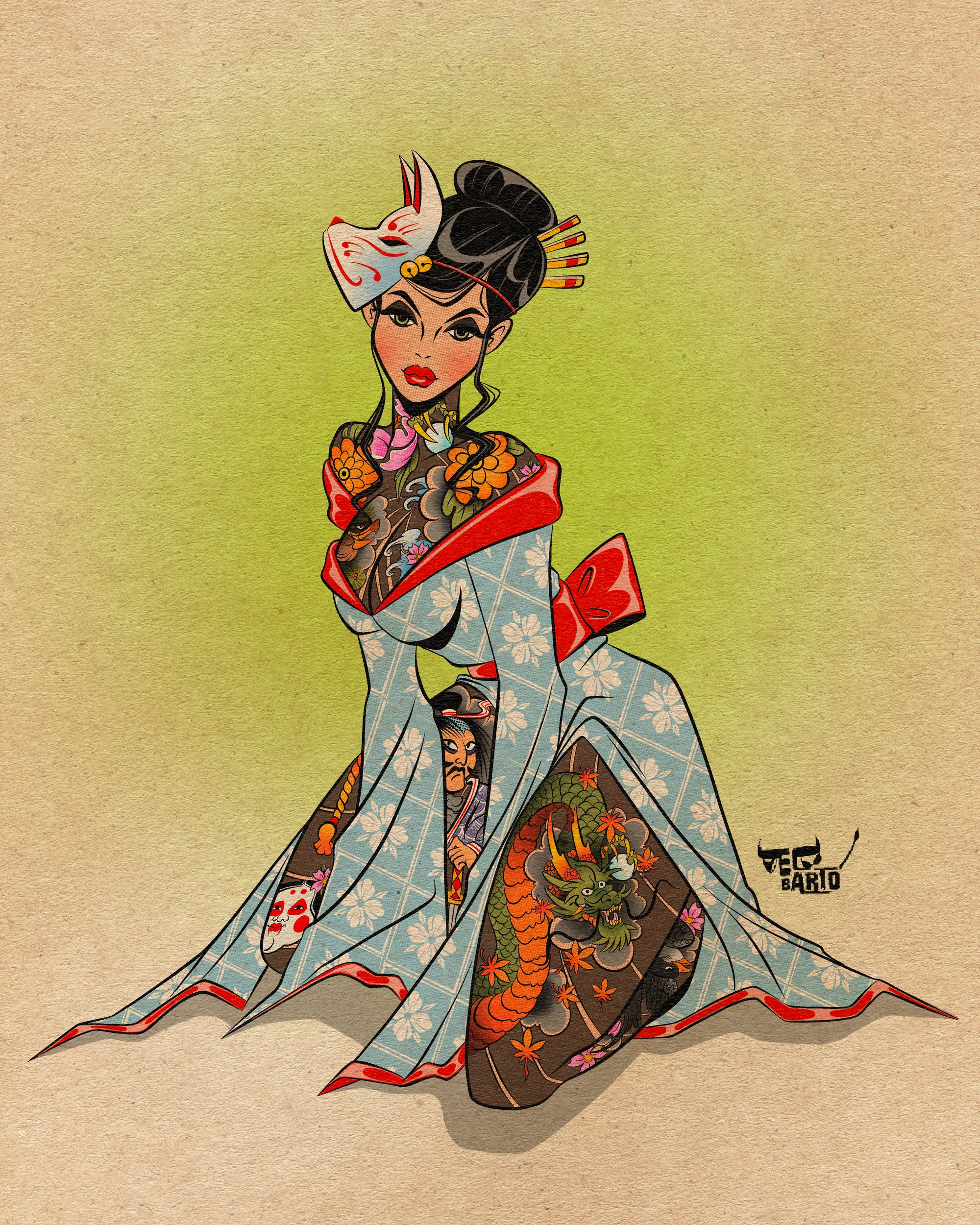 Kitsune pinup print of asian woman with Japanese tattoos. 