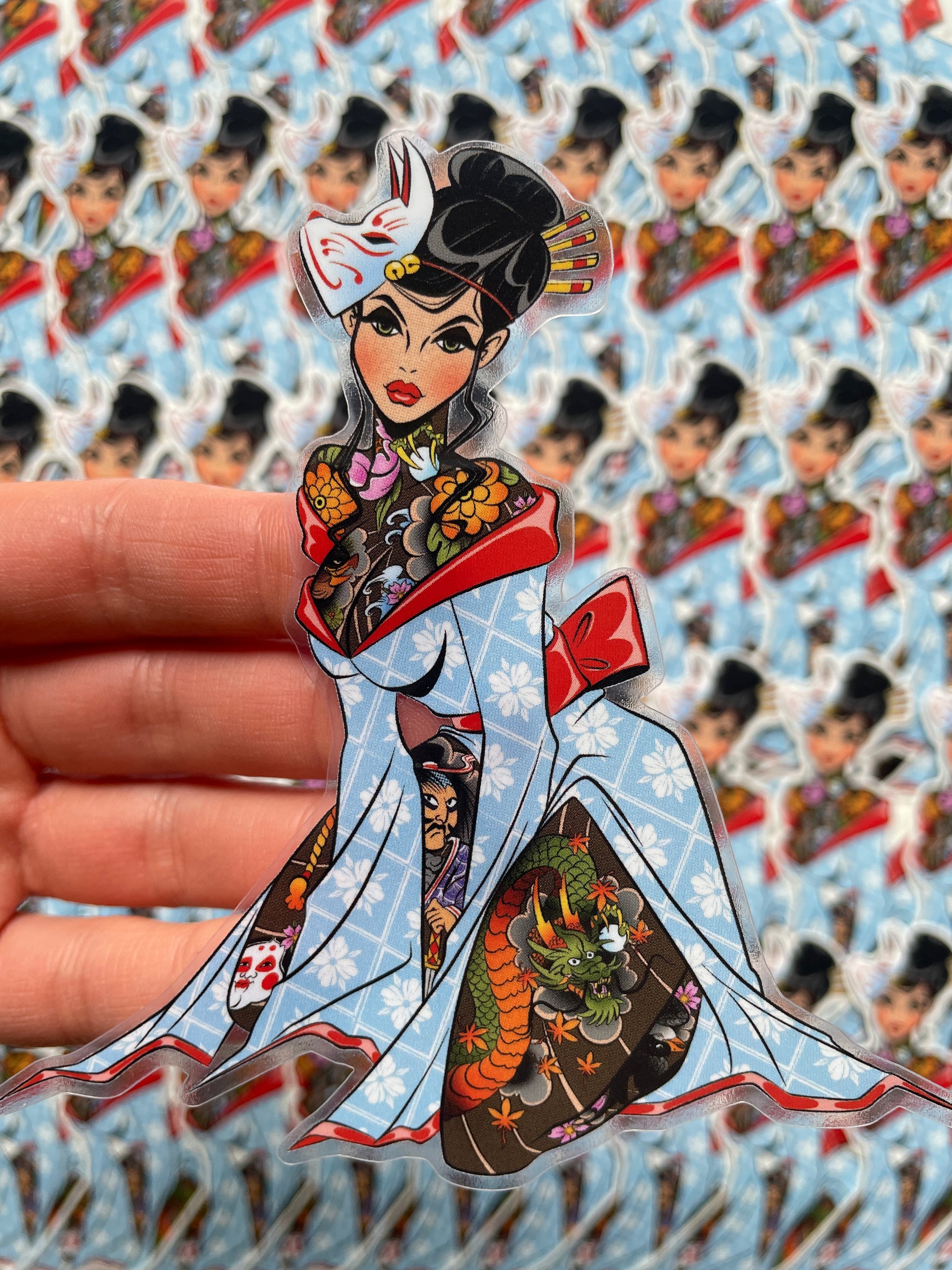 kitsune clear vinyl sticker of tattooed asian woman by bloodknotcollective