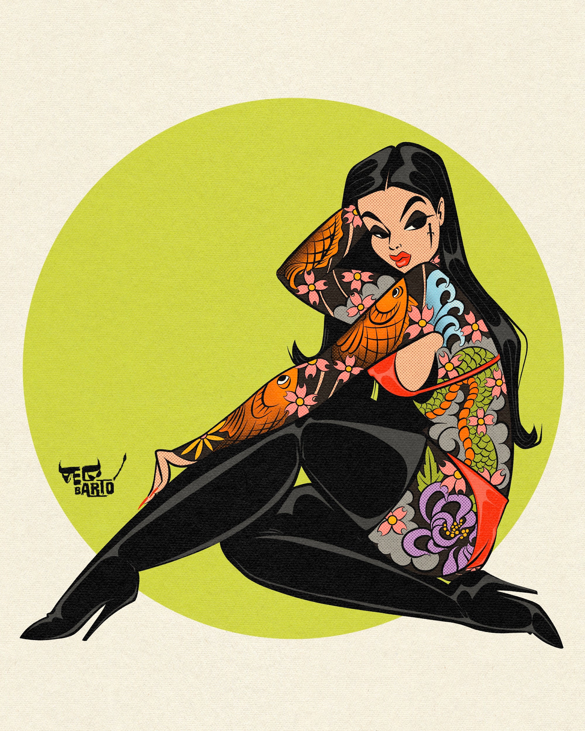 koi pinup print with japanese tattoos. 