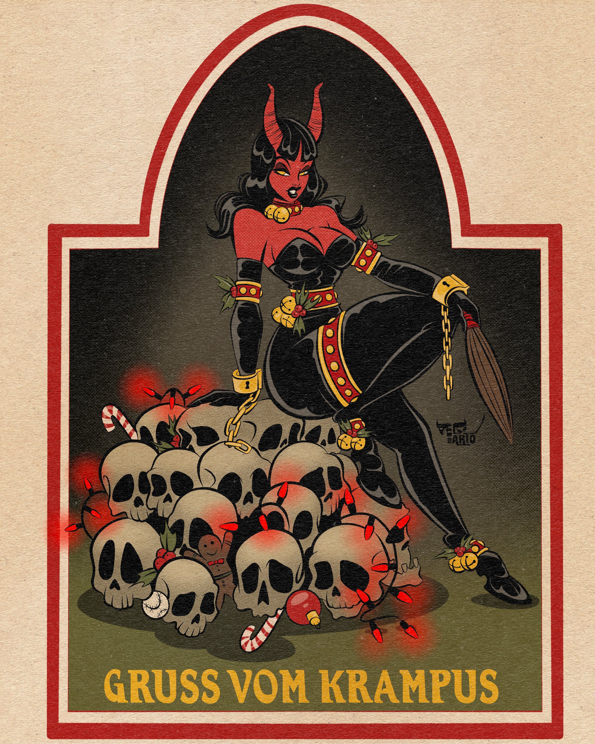 krampus print of female krampus sitting on skulls by Bloodknotcollective