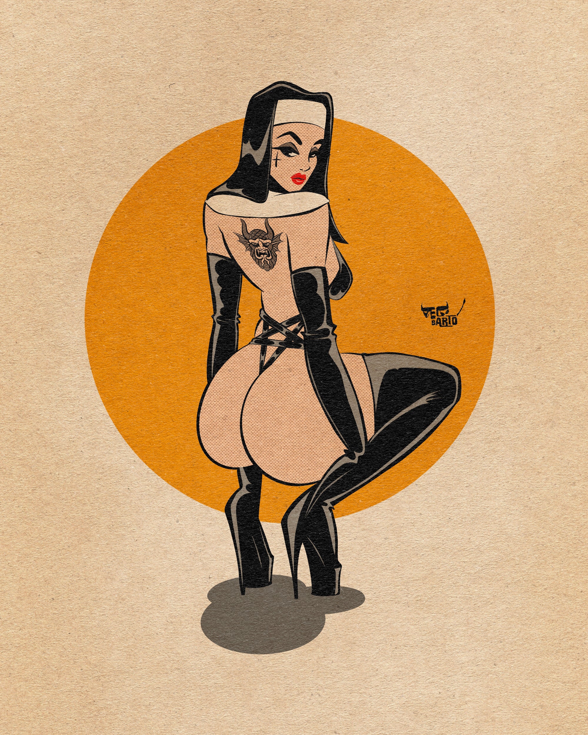 Latex nun print with satanic nun with tattoos.