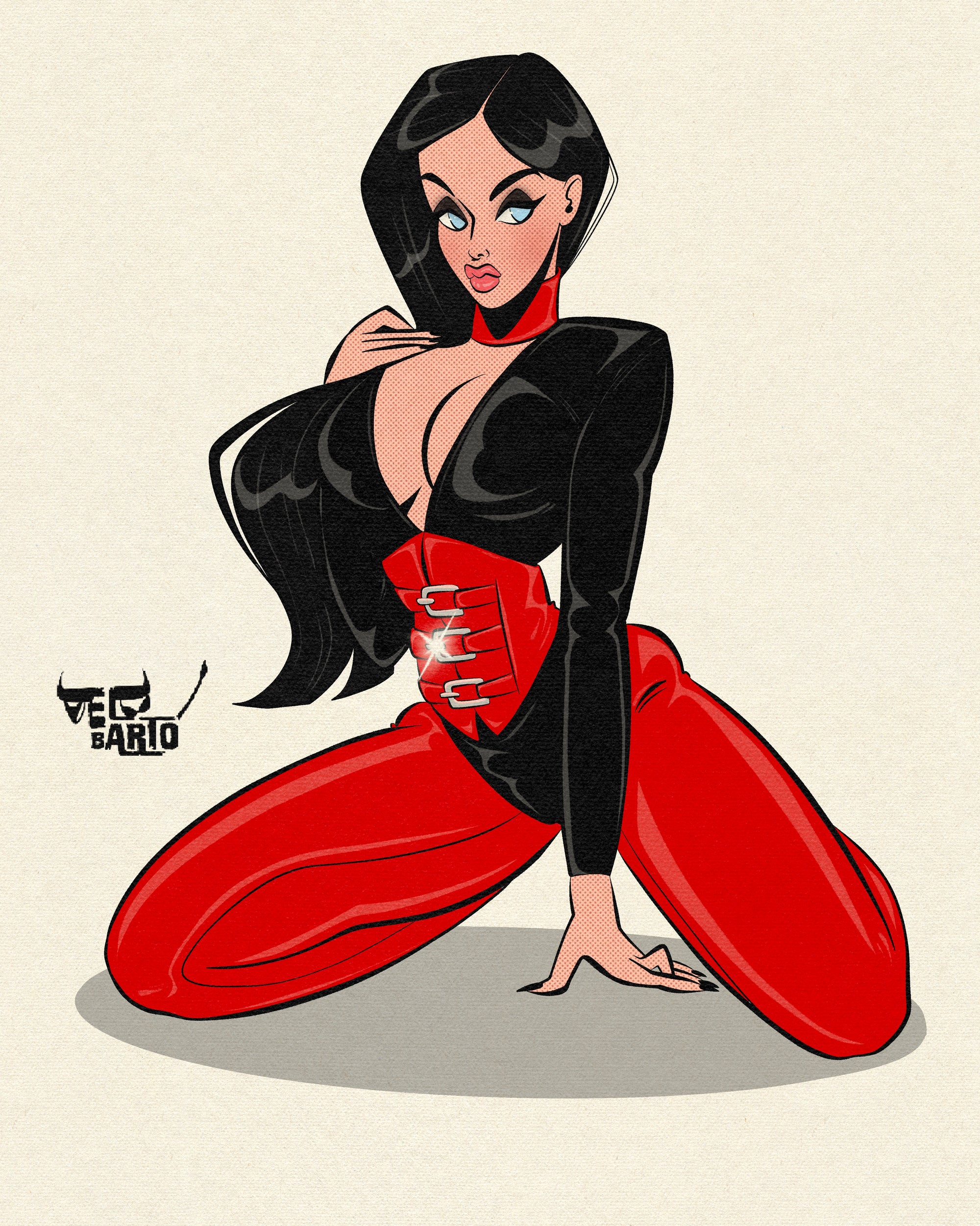 latex pinup print of woman wearing black and red latex by bloodknotcollective