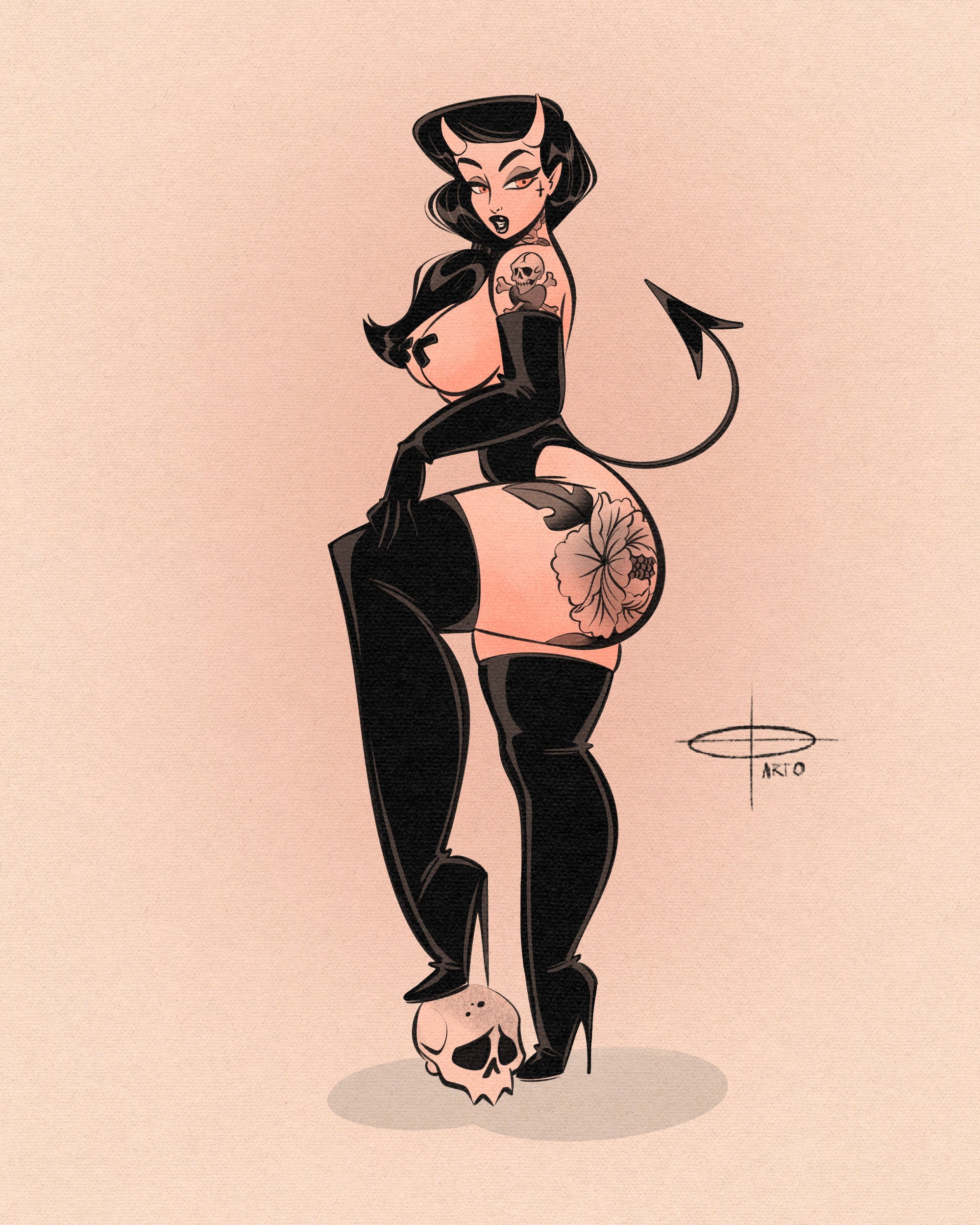 Lil devil print of female devil standing on skull with tattoos by Bloodknotcollective