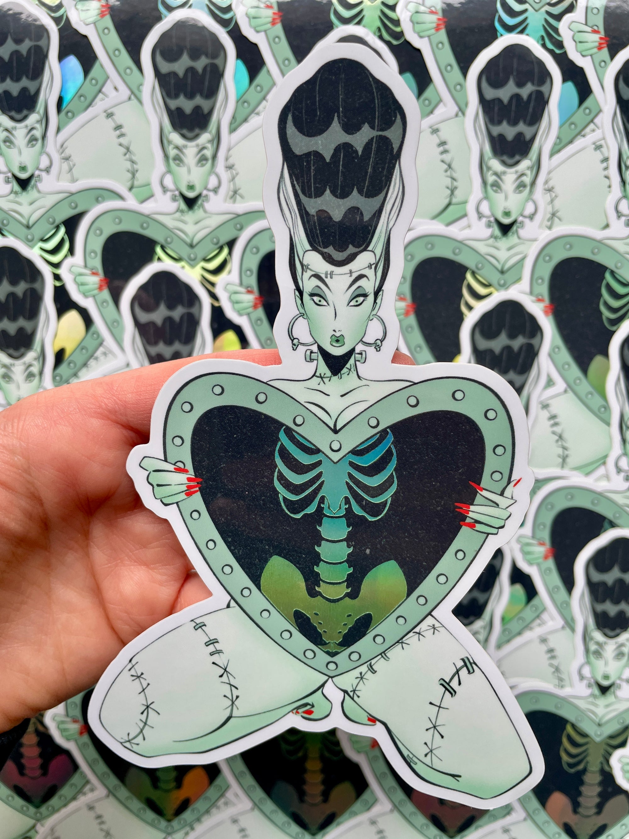 bride of frankenstein showing bones holographic vinyl jumbo sticker by bloodknotcollective