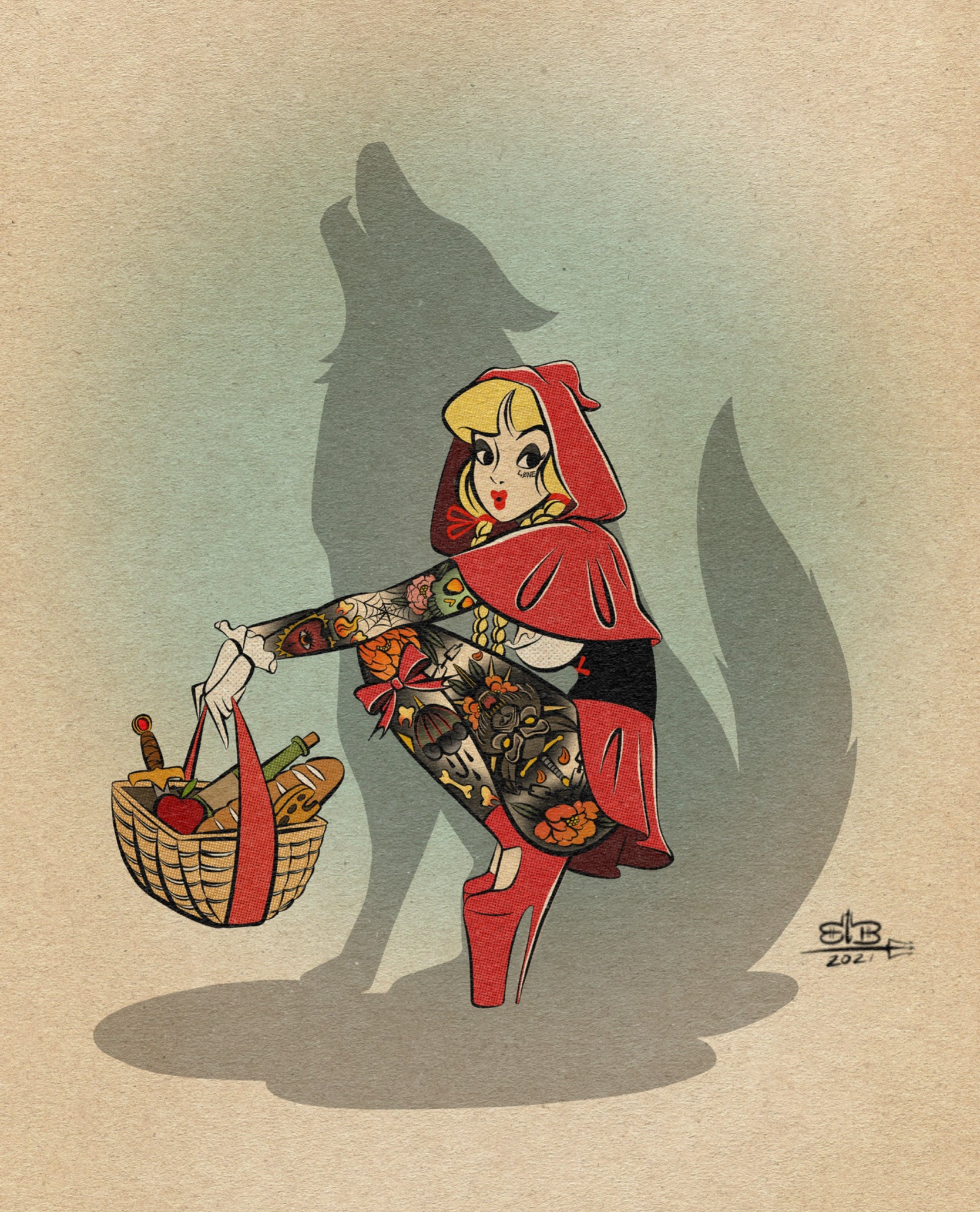 alt little red print with tattoos
