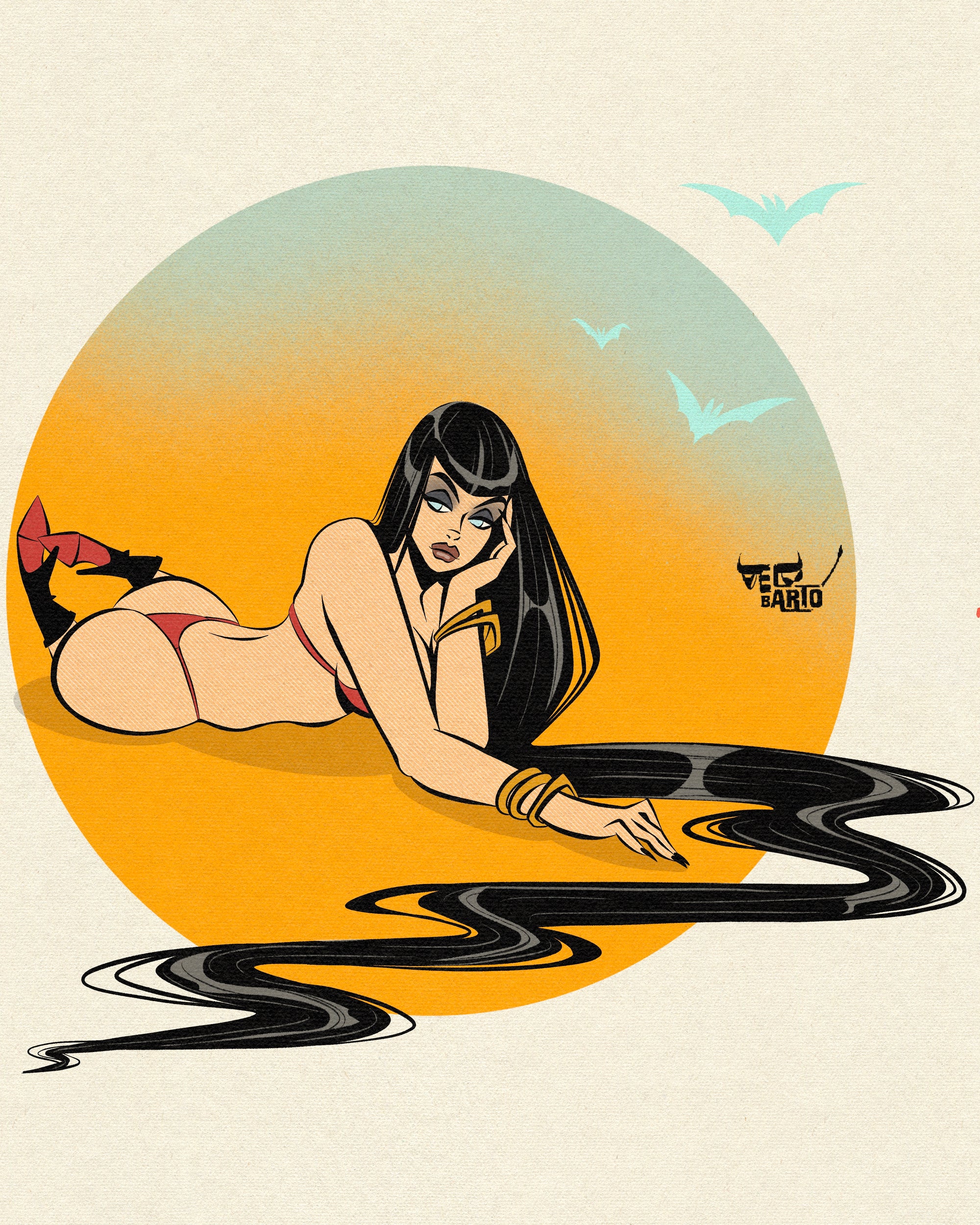 Long hair vampire print of female vampire and bats by bloodknotcollective.