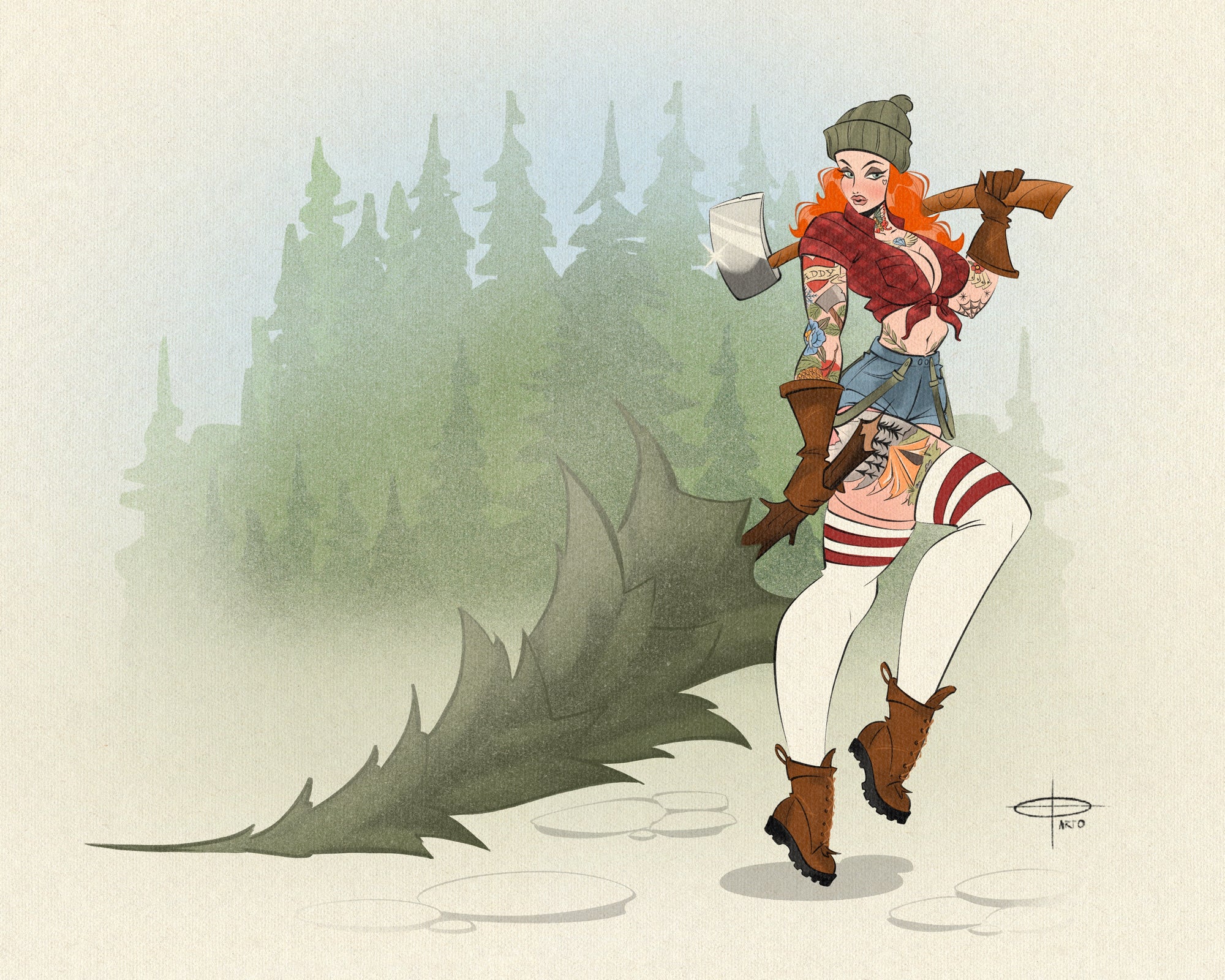 Lumberjack pinup print of female lumberjack with tattoos by Bloodknotcollective
