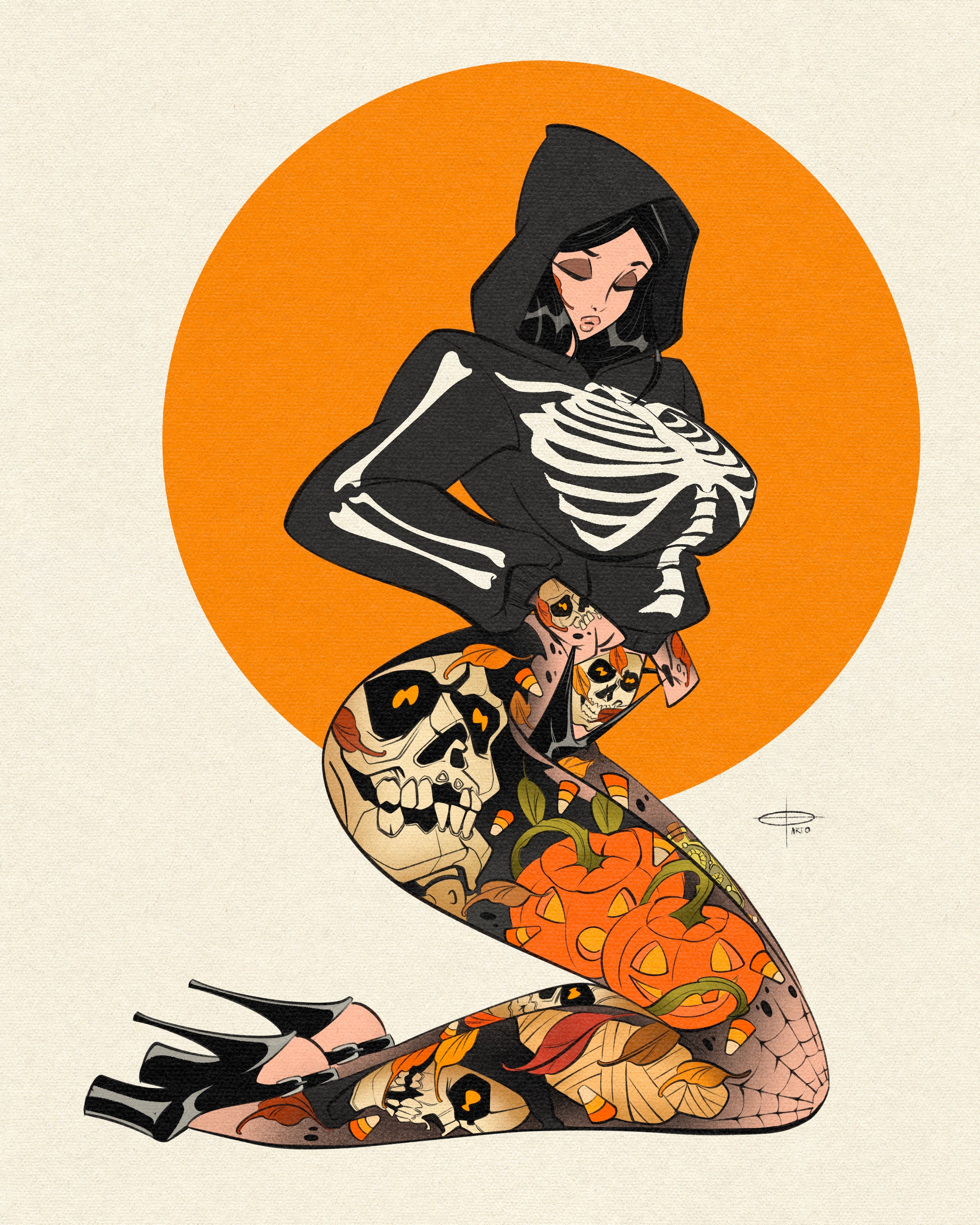 pinup with skeleton hoodie and halloween tattoos print by bloodknotcollective