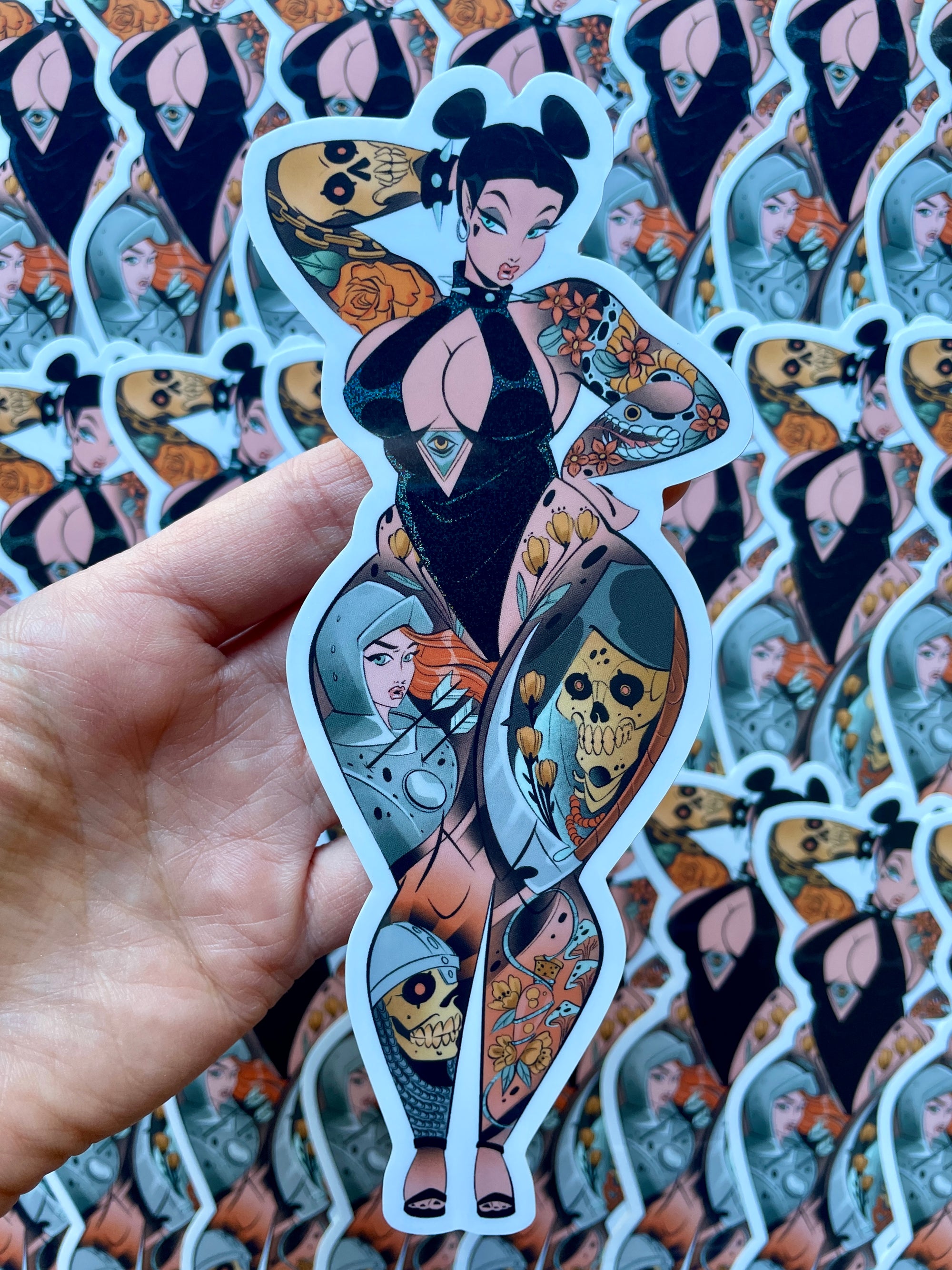 medieval tattooed curvy pinup pixie dust glitter jumbo vinyl sticker by bloodknotcollective