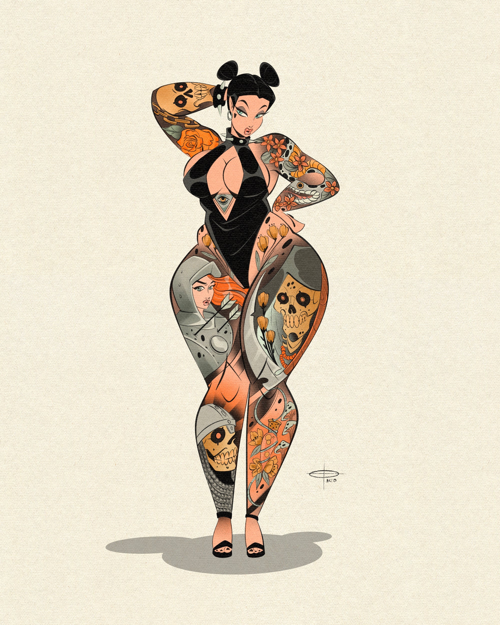 Medieval gothicc print of tattooed curvy woman by Bloodknotcollective
