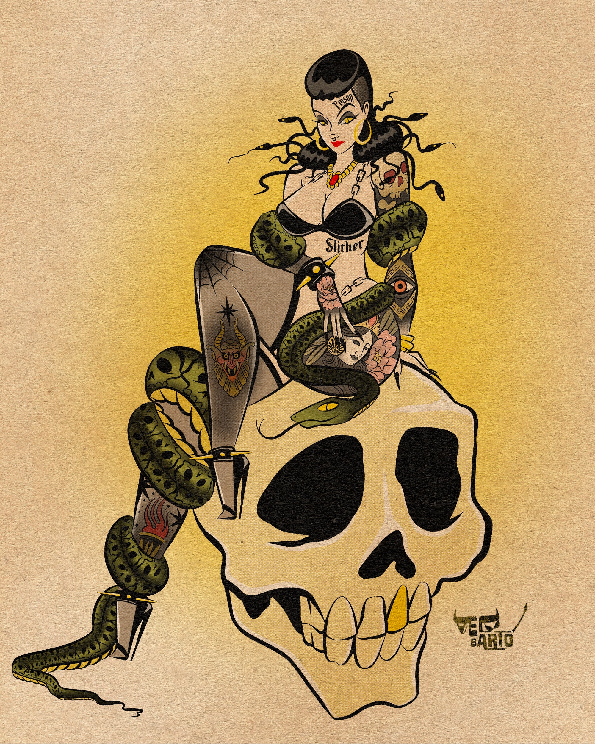 medusa print, medusa sitting on skull with snake