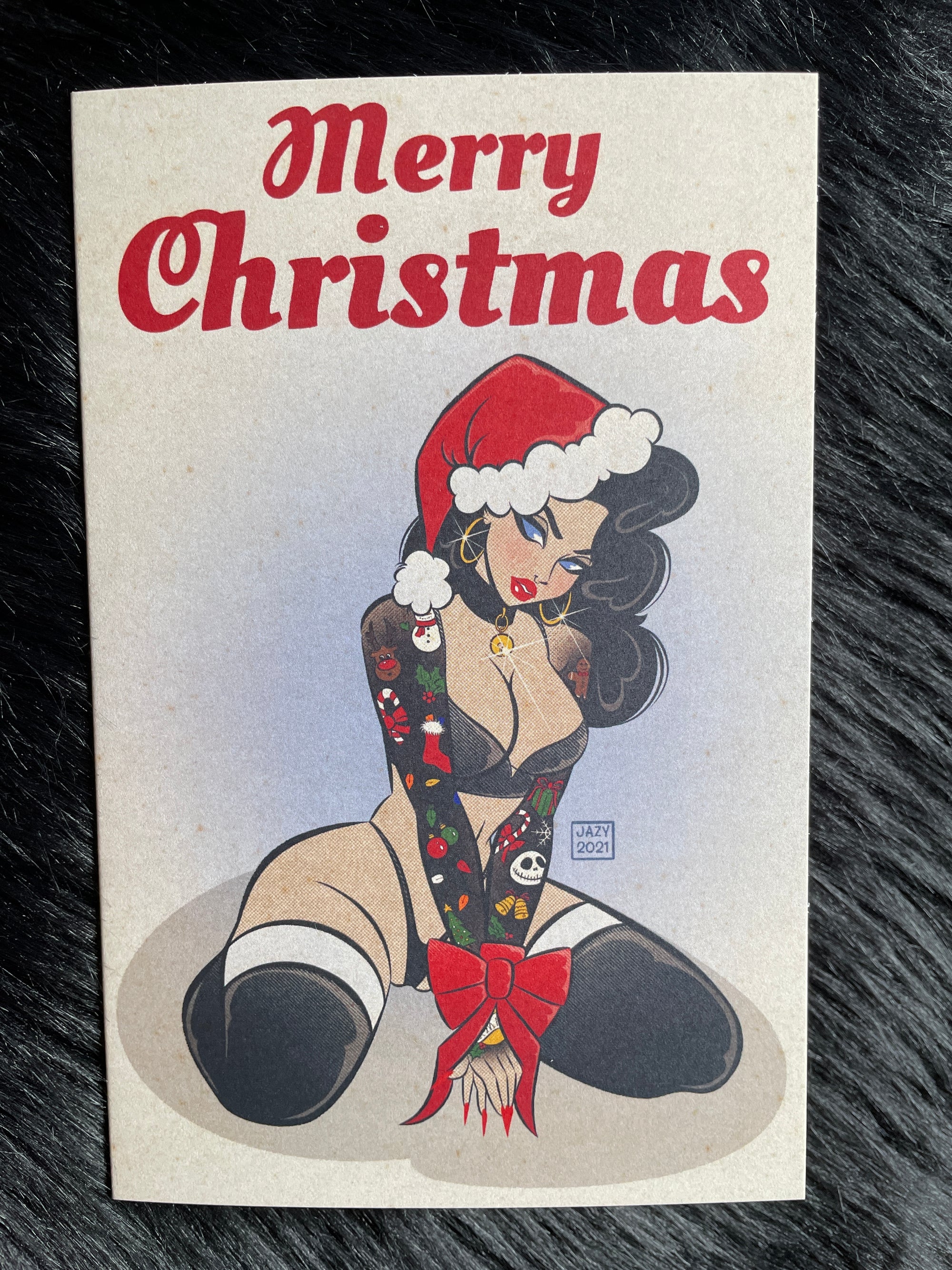 merry christmas card of tattooed woman by bloodknotcollective