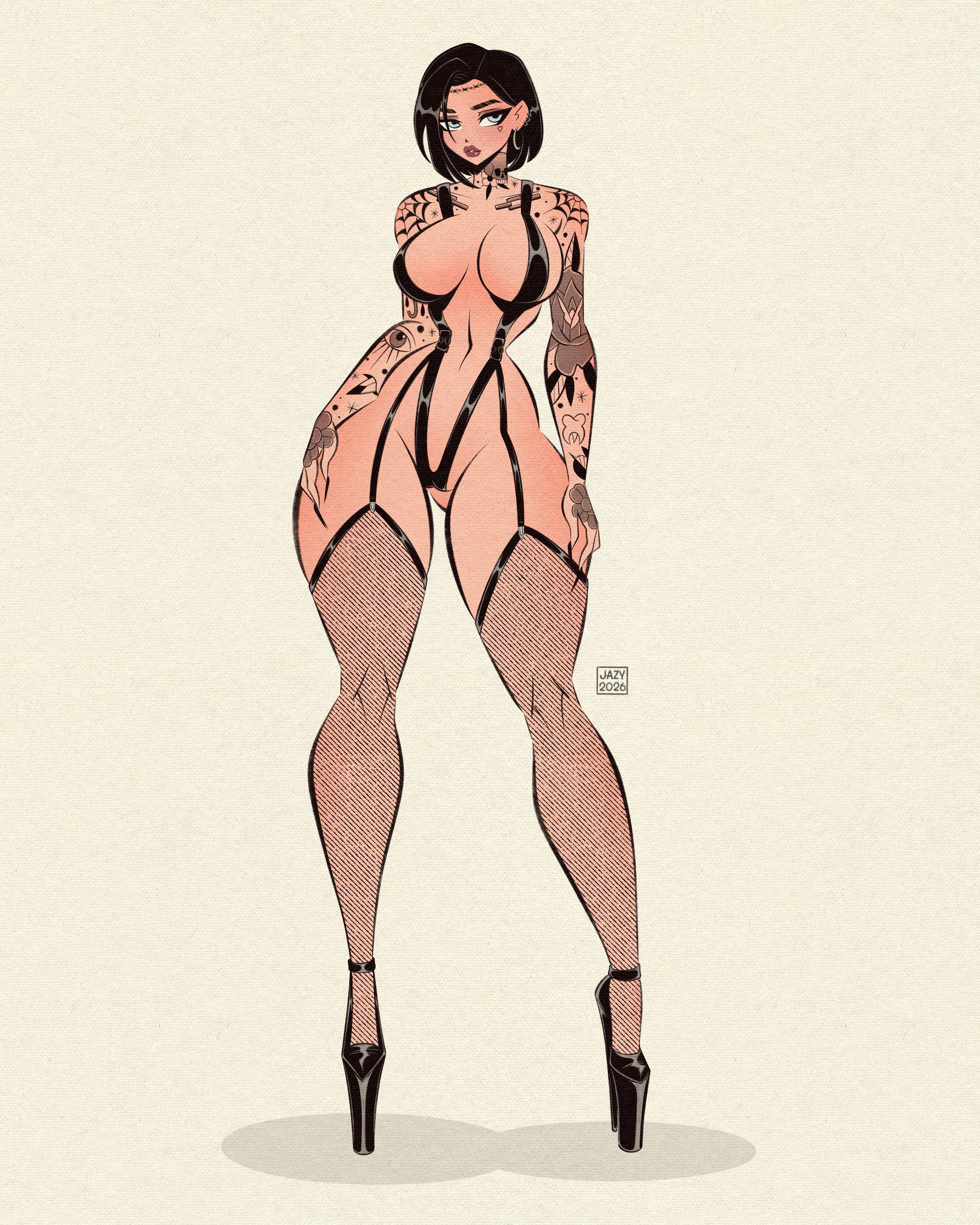 curvy pinup with traditional tattoos, lingerie, fishnets, and heels. Artwork by bloodknotcollective.
