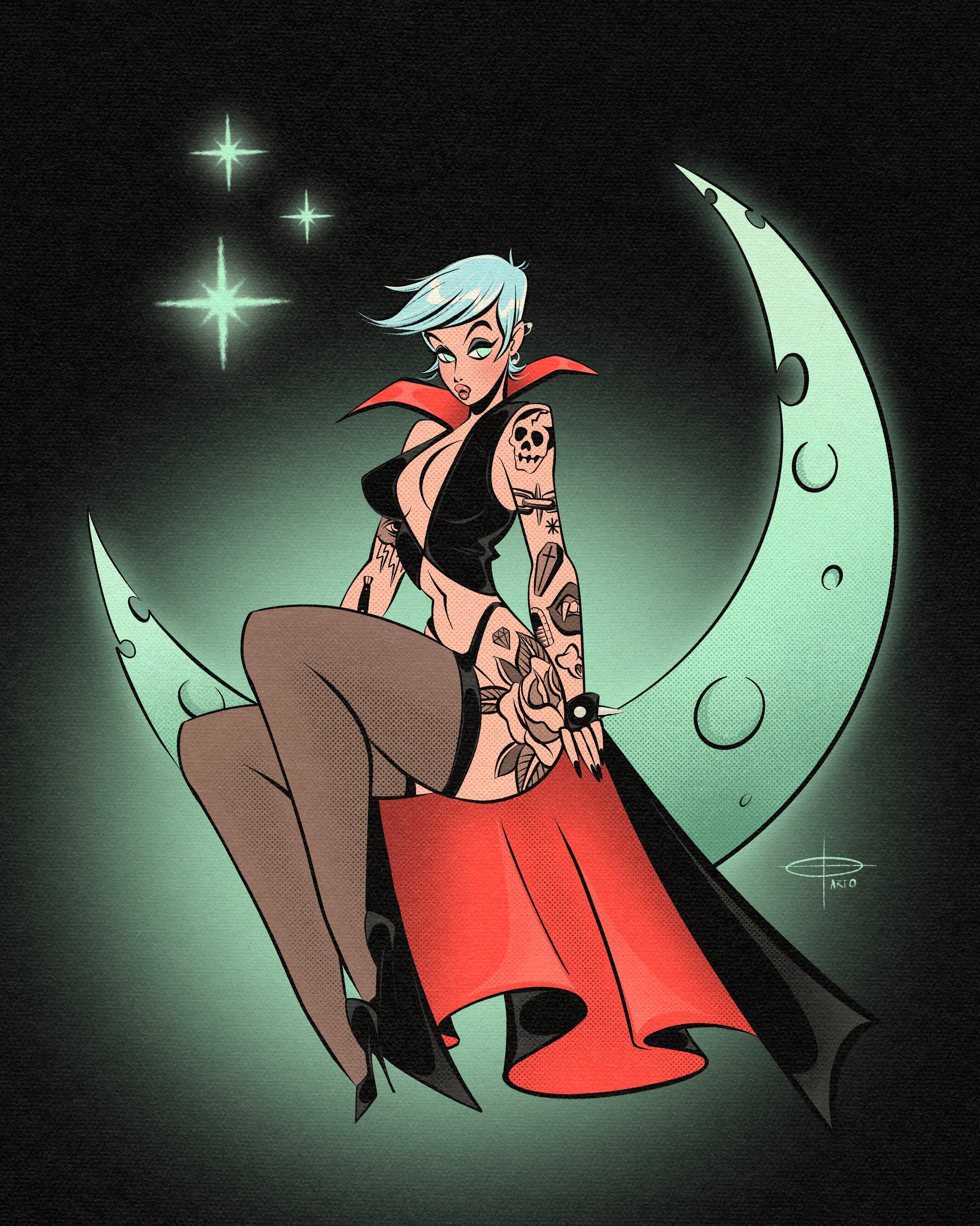 Moon witch print of tattooed witch sitting on moon by Bloodknotcollective
