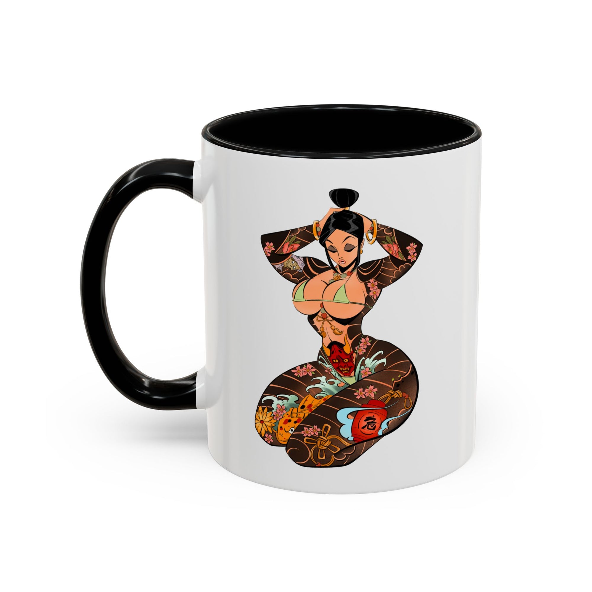left side of tattooed curvy asian on black and white ceramic mug by bloodknotcollective