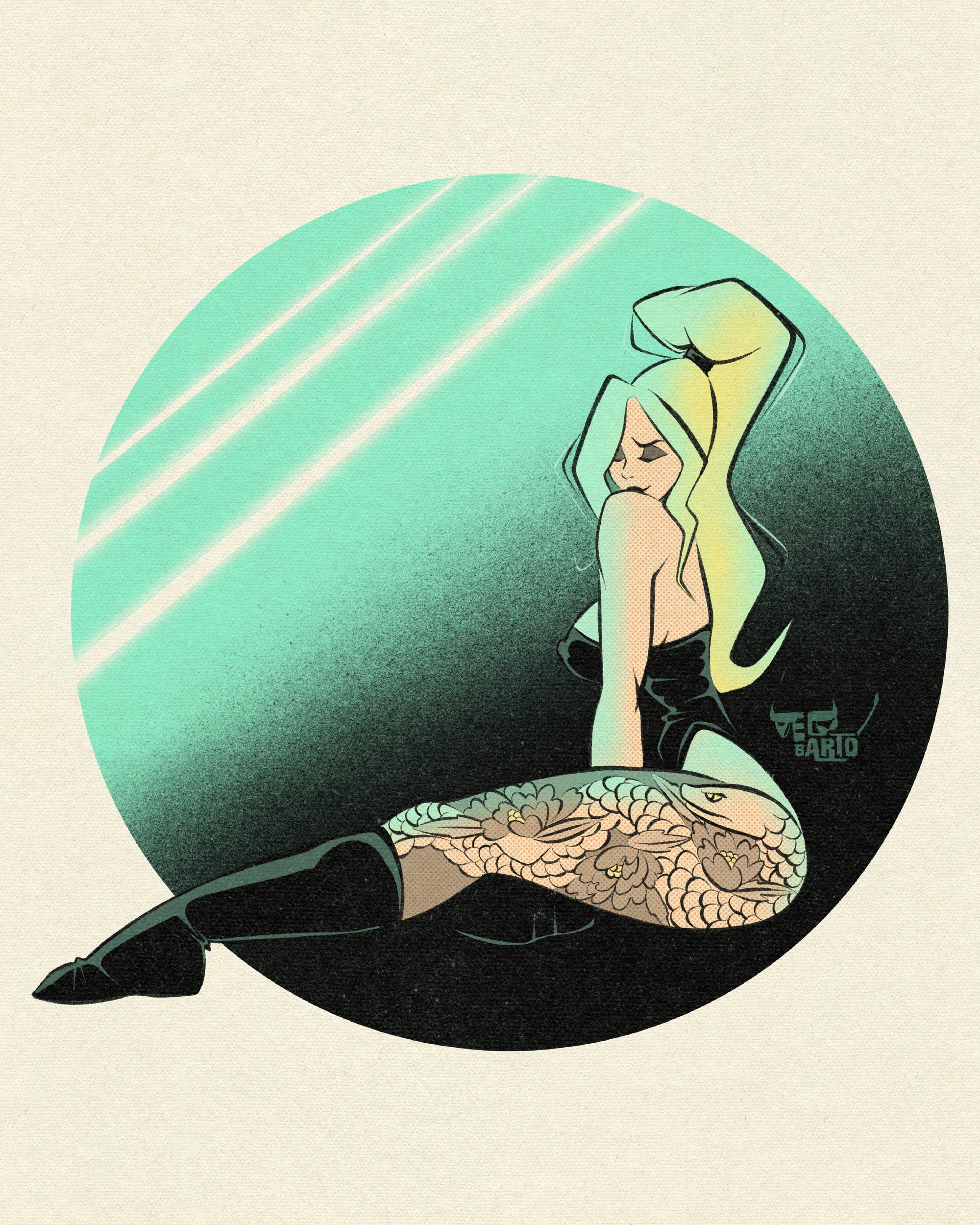 neon pinup print with woman with tattoos