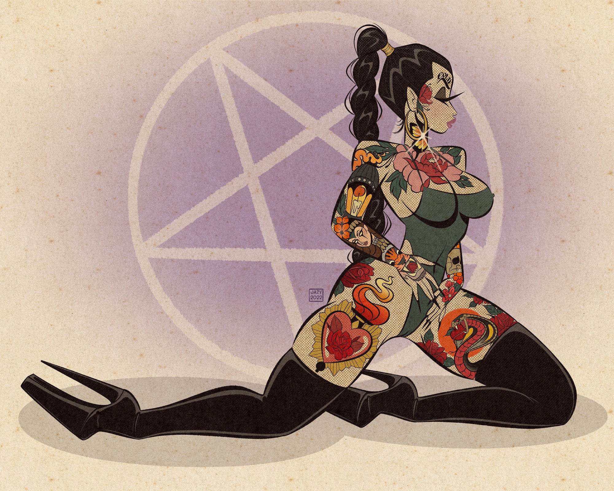 neotraditional and pentagram print of woman with neotraditional tattoos by bloodknotcollective.