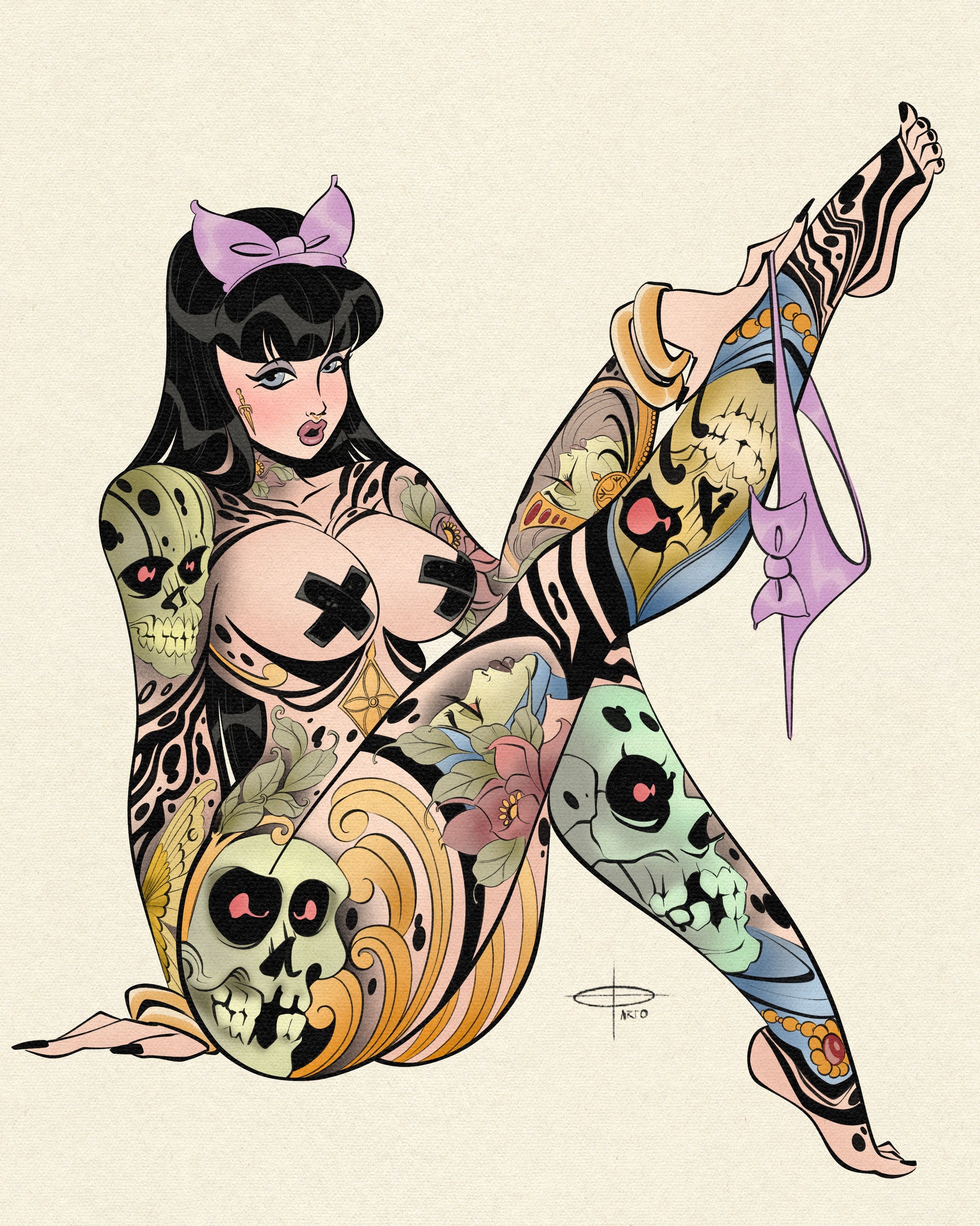 Neotrad skulls print of tattooed woman taking off underwear by Bloodknotcollective