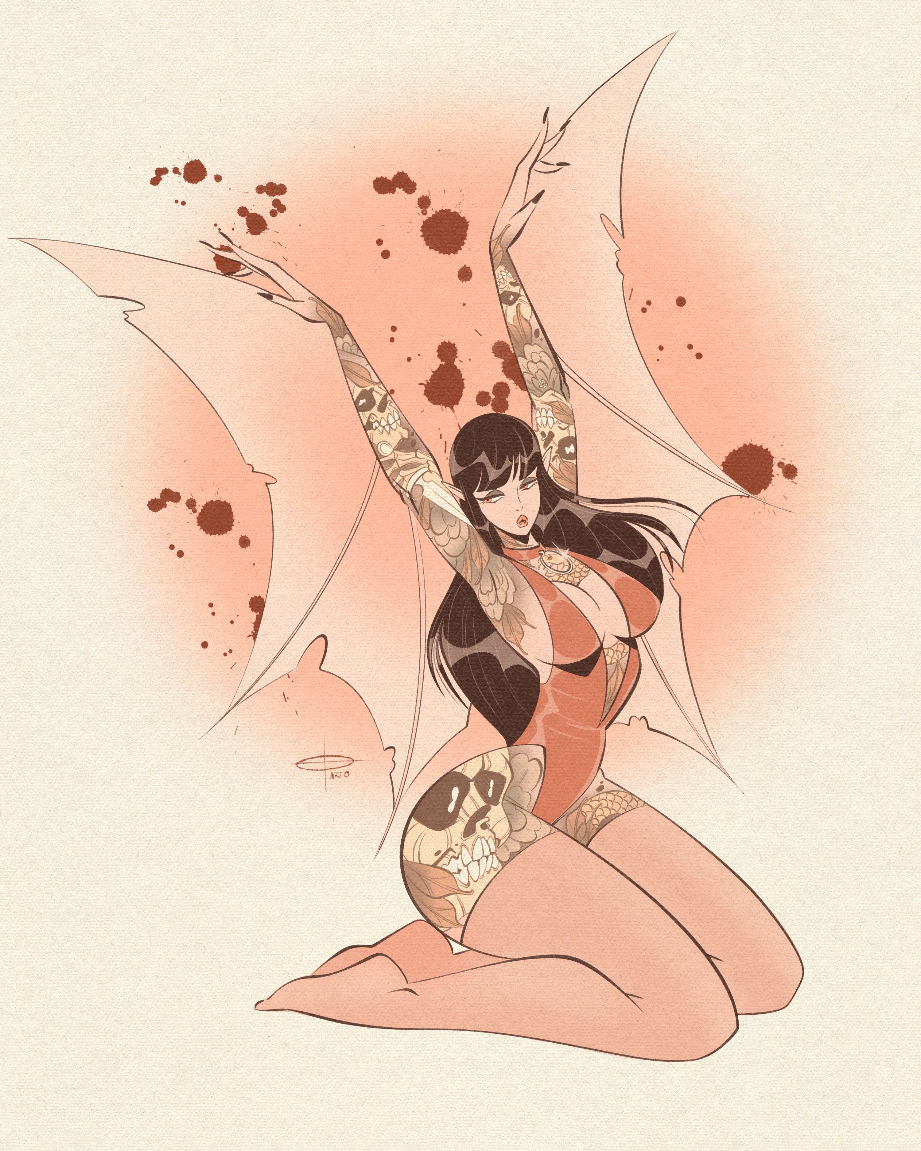 female bat pinup with neotraditional tattoos print by bloodknotcollective
