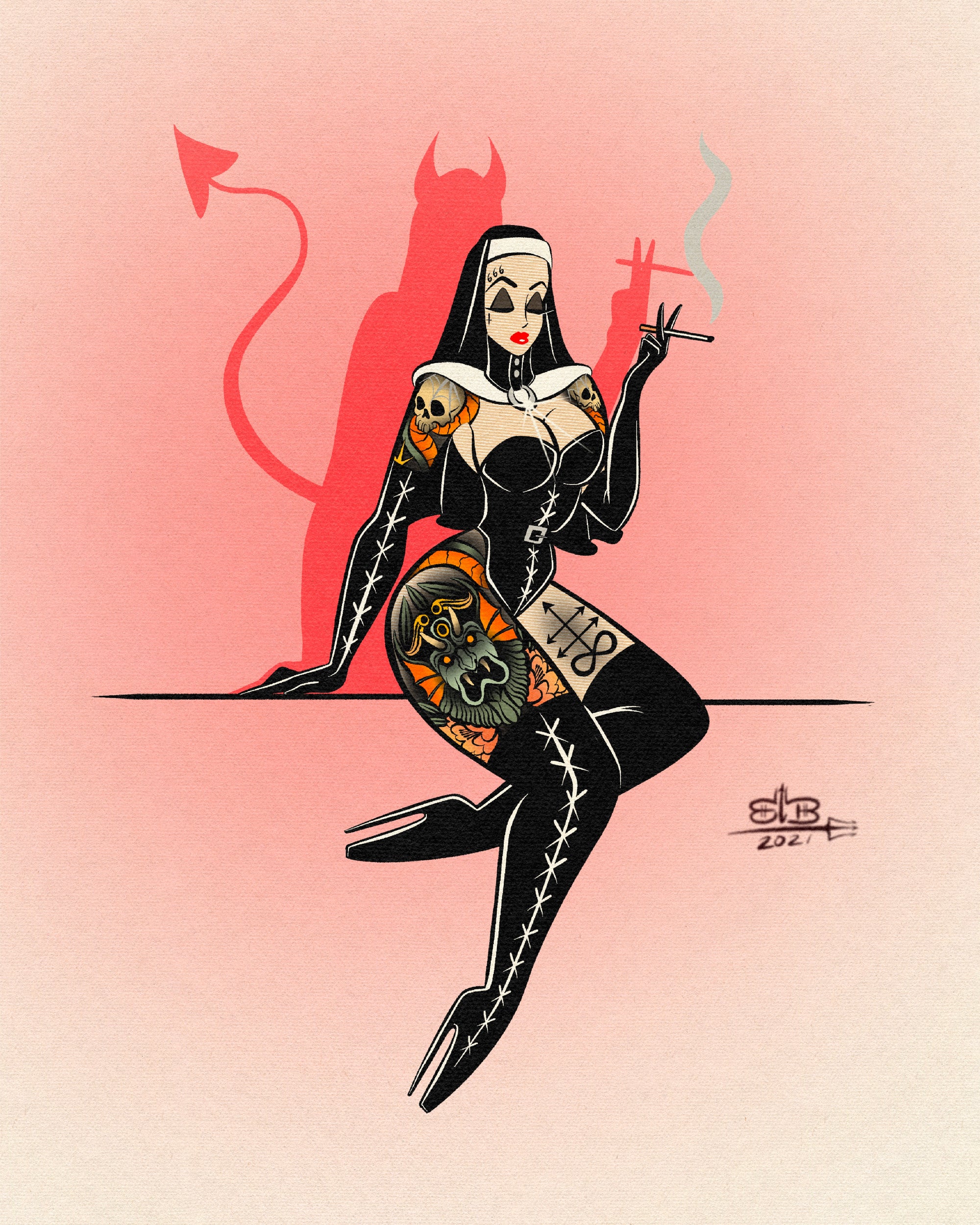 nun print of satanic nun with neotraditional tattoos and devil shadow