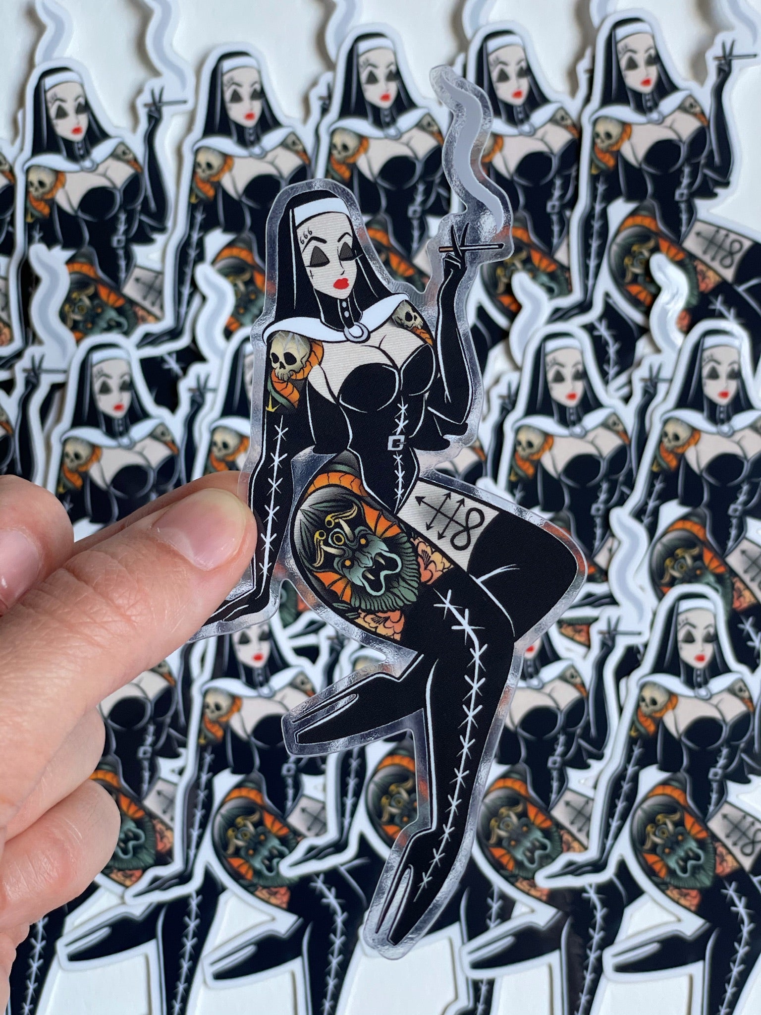 satanic clear vinyl nun sticker by bloodknotcollective