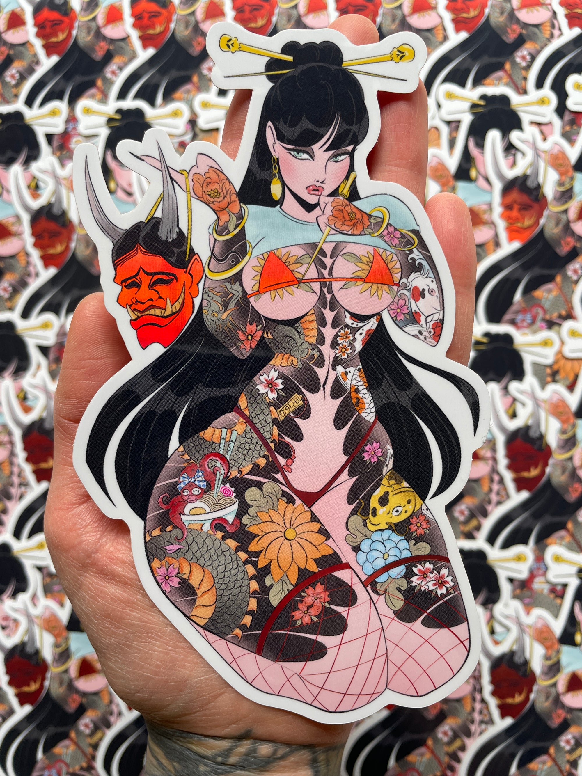 asian woman with tattoos holding hannya mask holographic vinyl jumbo sticker by bloodknotcollective