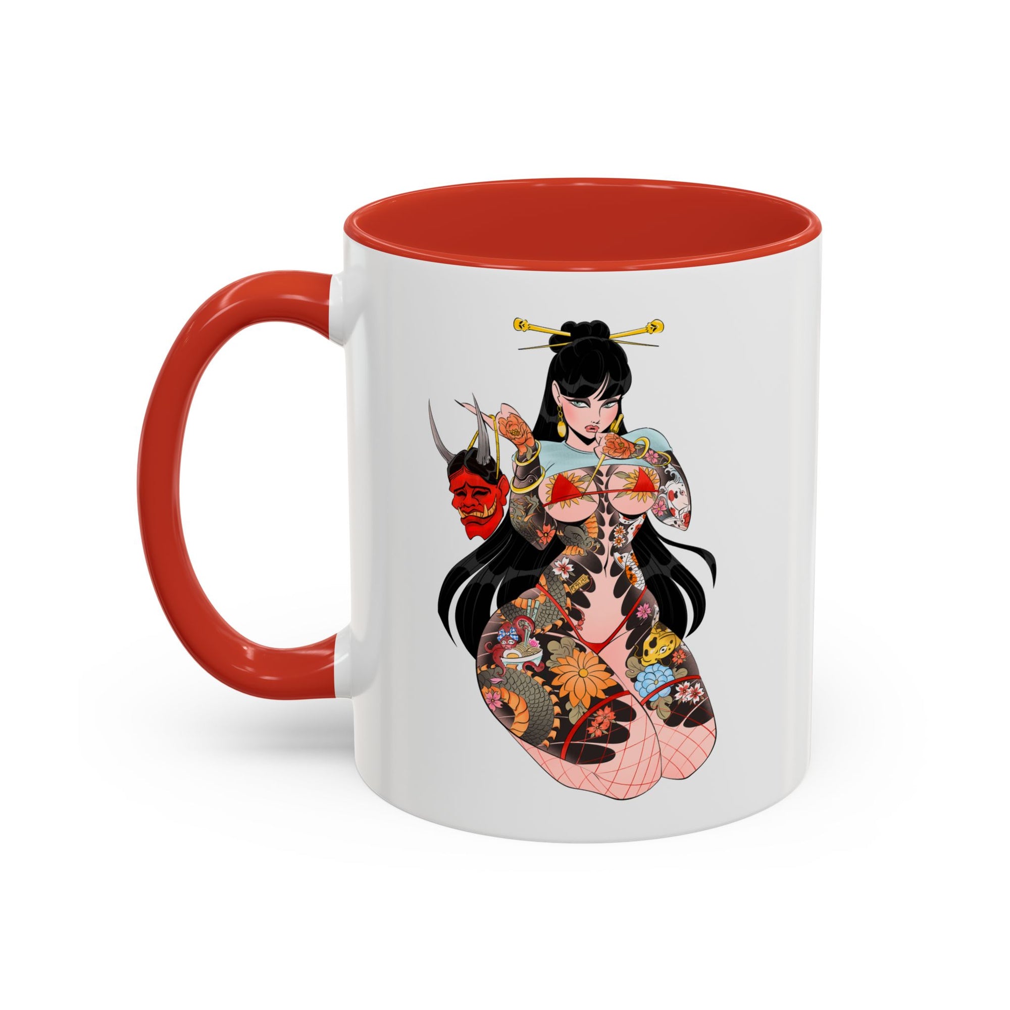 left side of tattooed asian with hannya mask on red and white ceramic mug by bloodknotcollective