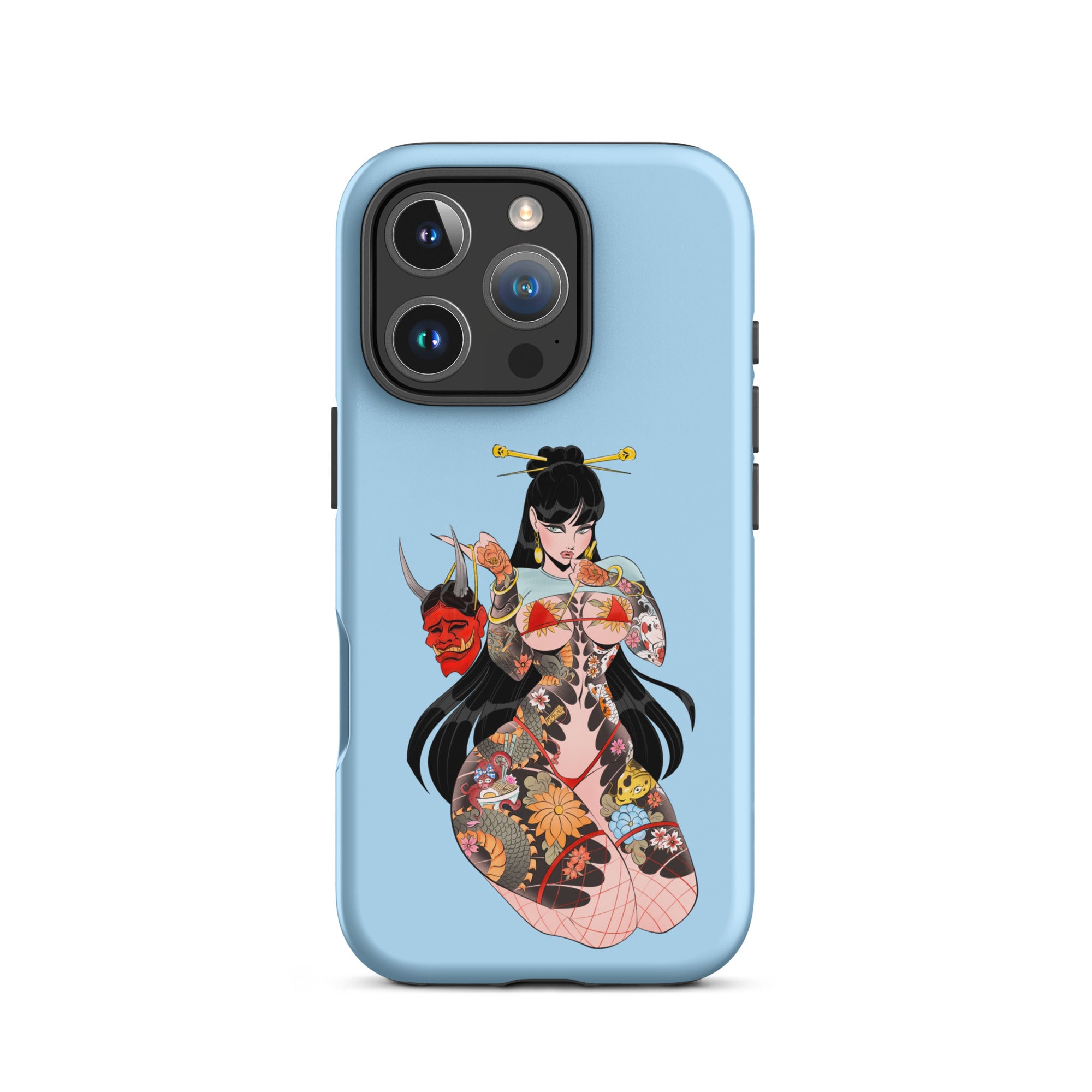 tattooed asian woman with hannya mask tough iphone case by bloodknotcollective