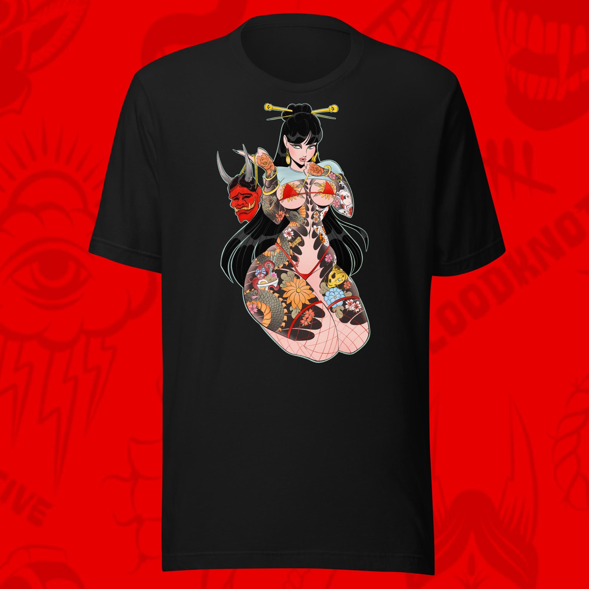 oh noh tee of tattooed asian woman with hannya mask on black tee by bloodknotcollective