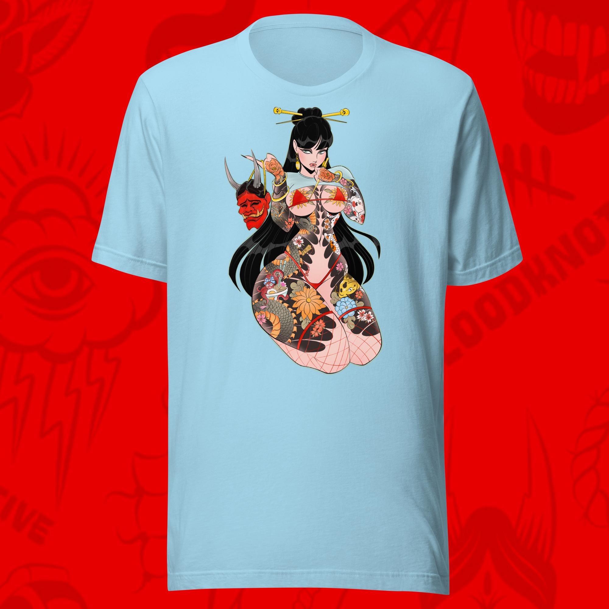 oh noh tee of tattooed asian woman with hannya mask on blue tee by bloodknotcollective