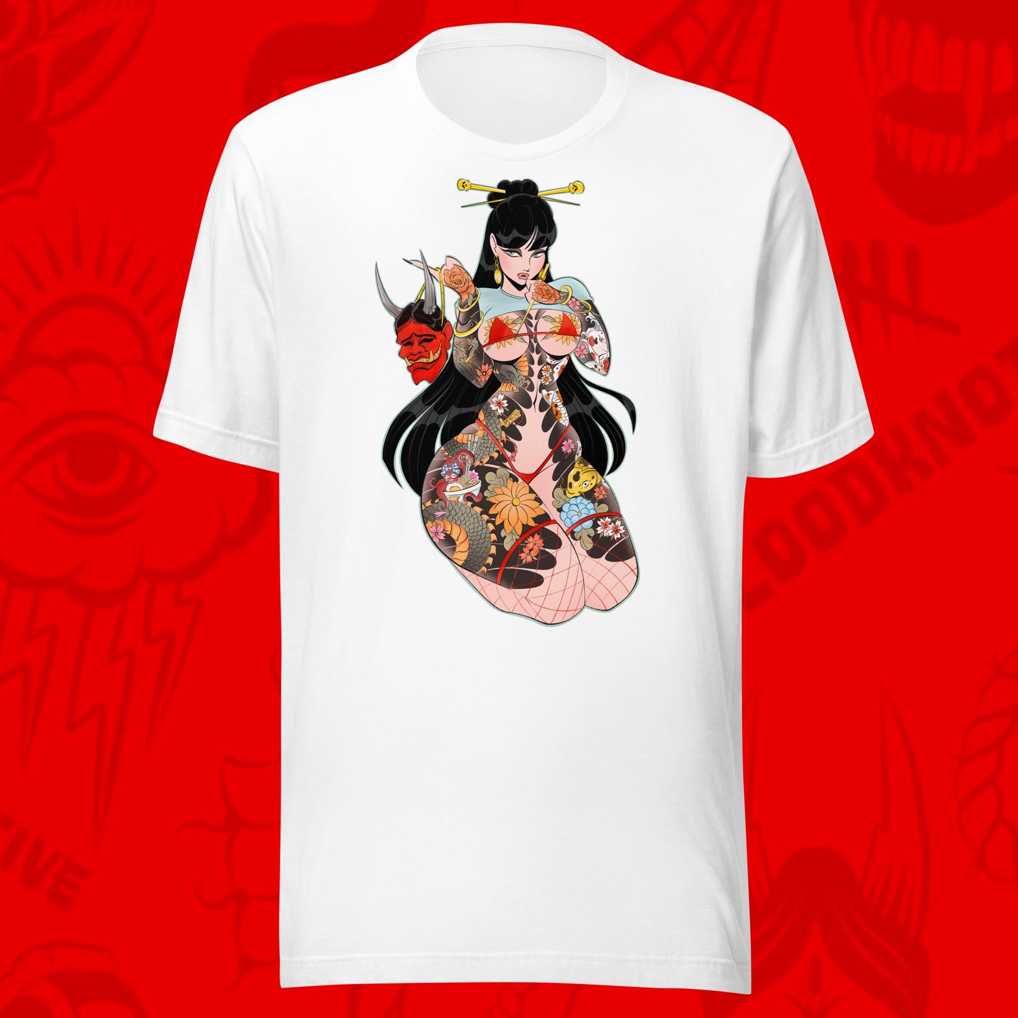 oh noh tee of tattooed asian woman with hannya mask on white tee by bloodknotcollective