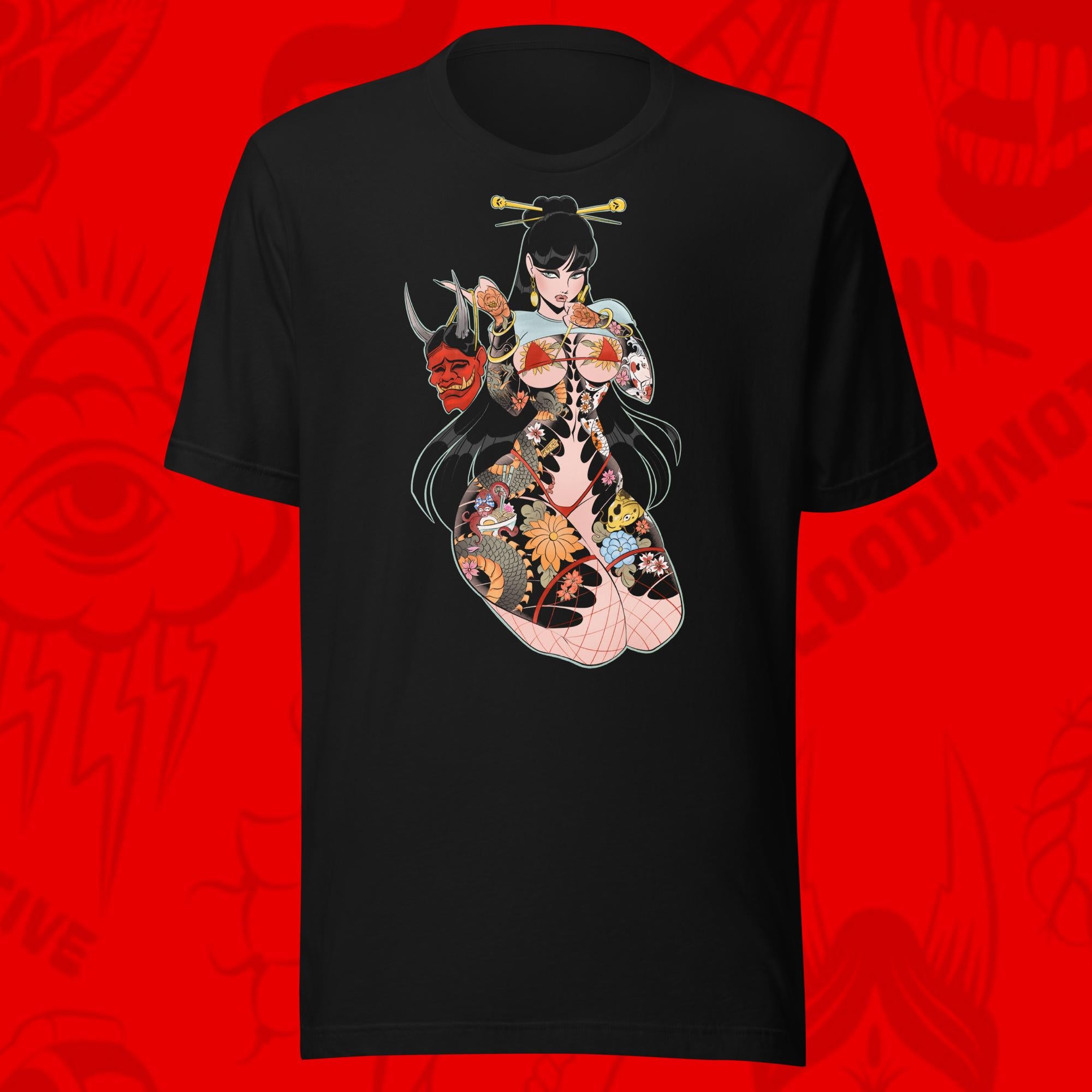 black tee shirt with tattooed japanese woman with hannya mask by bloodknotcollective