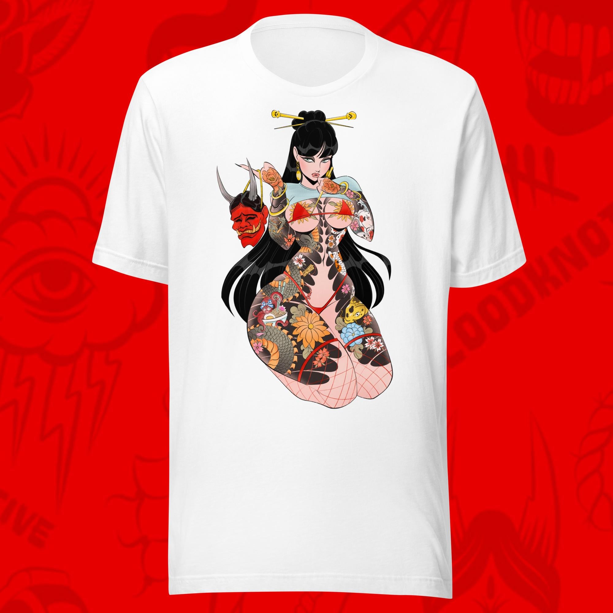 white tee shirt of tattooed japanese woman with hannya mask by bloodknotcollective